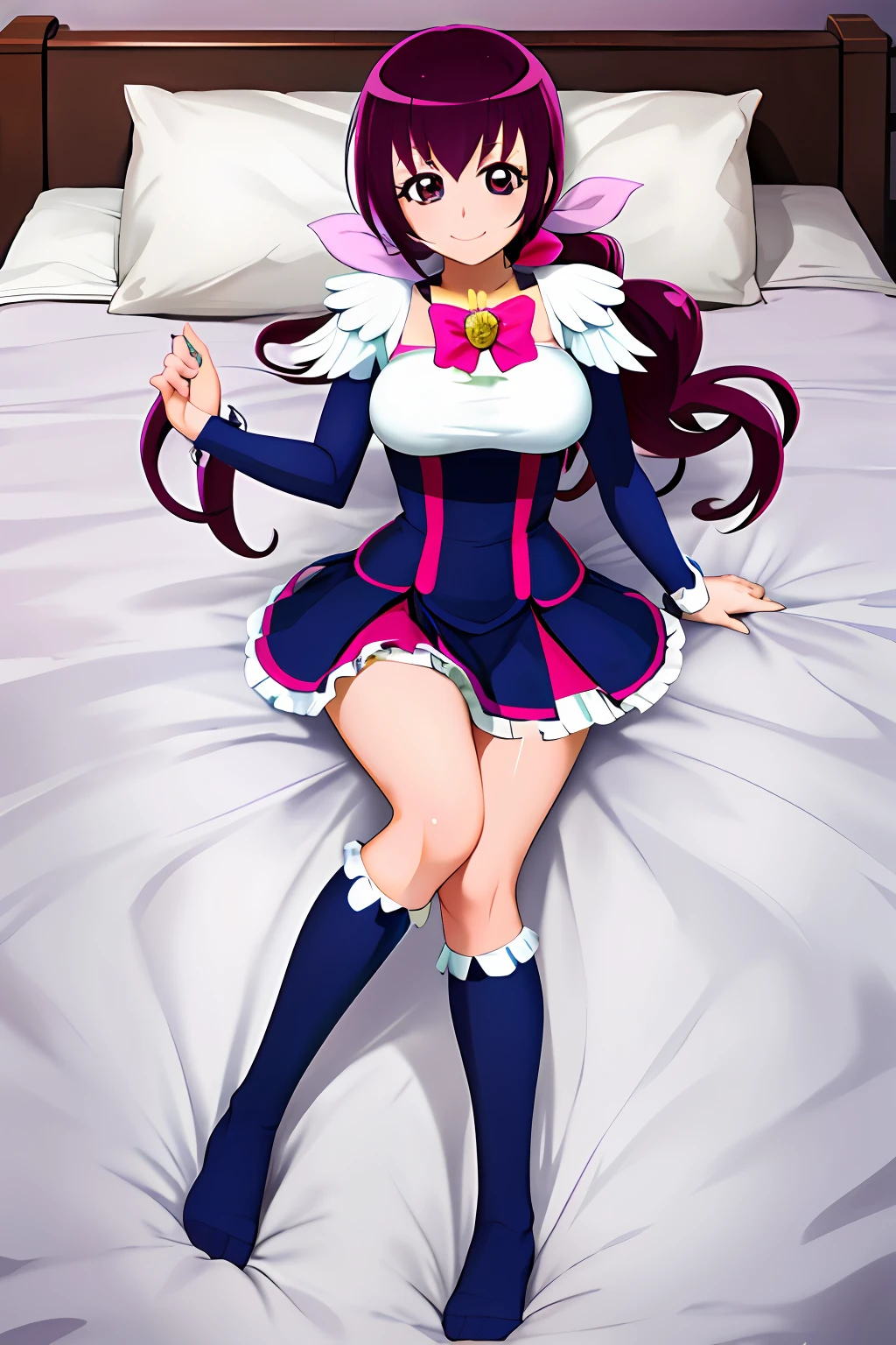 ​masterpiece, top-quality, hight resolution, hi1, purple color  hair, a purple eye, large full breasts, Hair Bow,Pretty Cure Cosplay、 Shy smile、a bed、Full body like