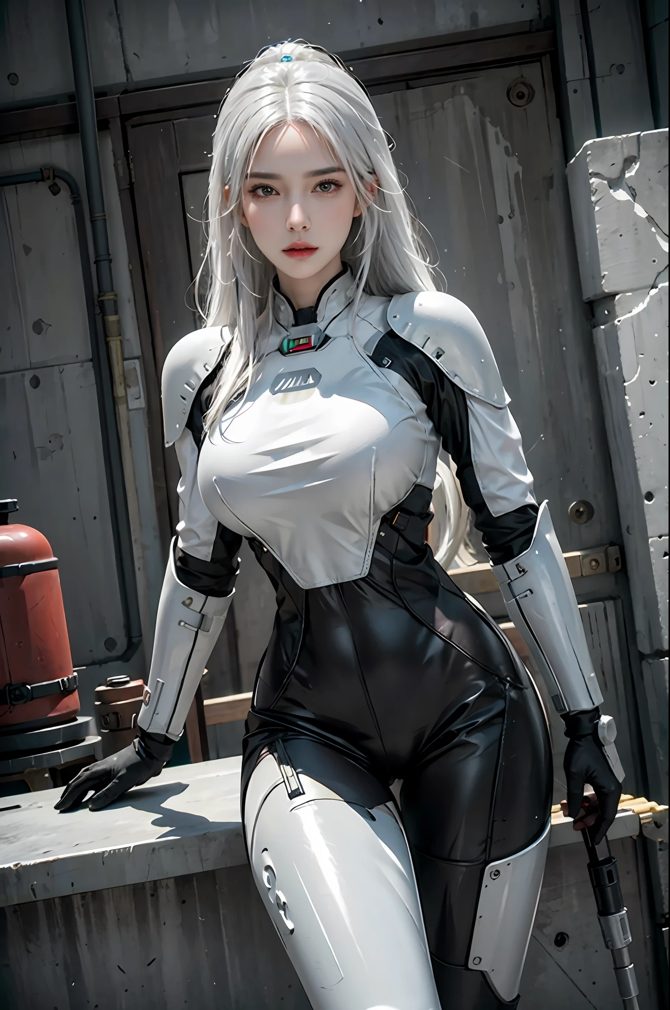 photorealistic, high resolution, 1women, solo, hips up, look at viewer, (detailed face), white hair, long hair, fallout, chinese stealth suit