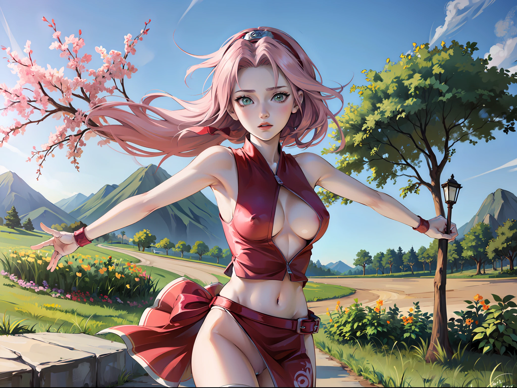 Sakura haruno, ((4k, masterpiece, high quality), Taman, nsfw, showing her tits, showing her armpits, no pants, open top, nice, 1 girl,