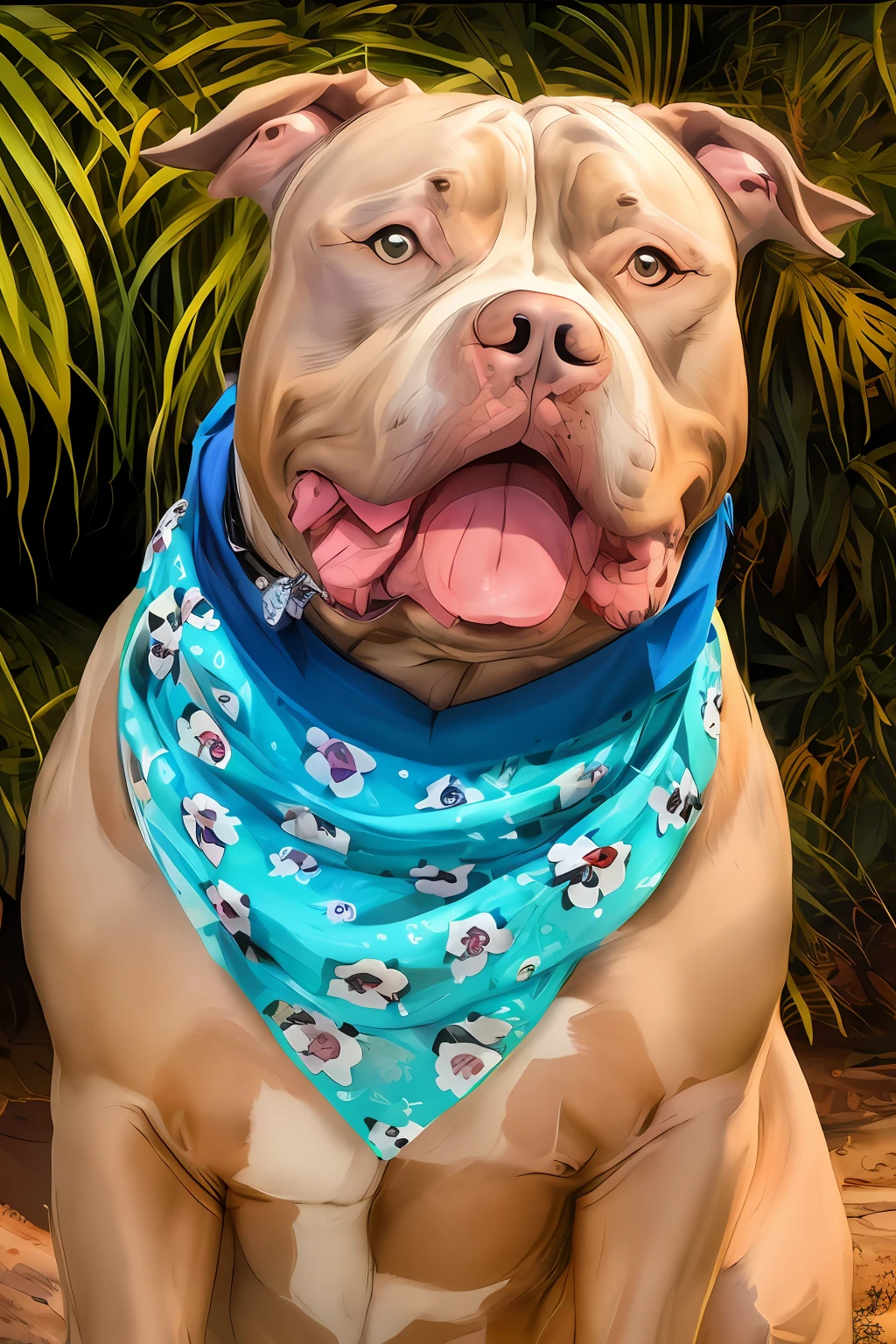 there is a dog that is sitting in the grass with a bandana around its neck, portrait shot, bandanas, bandana, detailed portrait shot, front portrait, a handsome, big smirk, extremely handsome, full body close-up shot, highly detailed photo of happy, pitbull, is a stunning, cyborg - pitbull taking a selfie, closeup portrait shot, very handsome