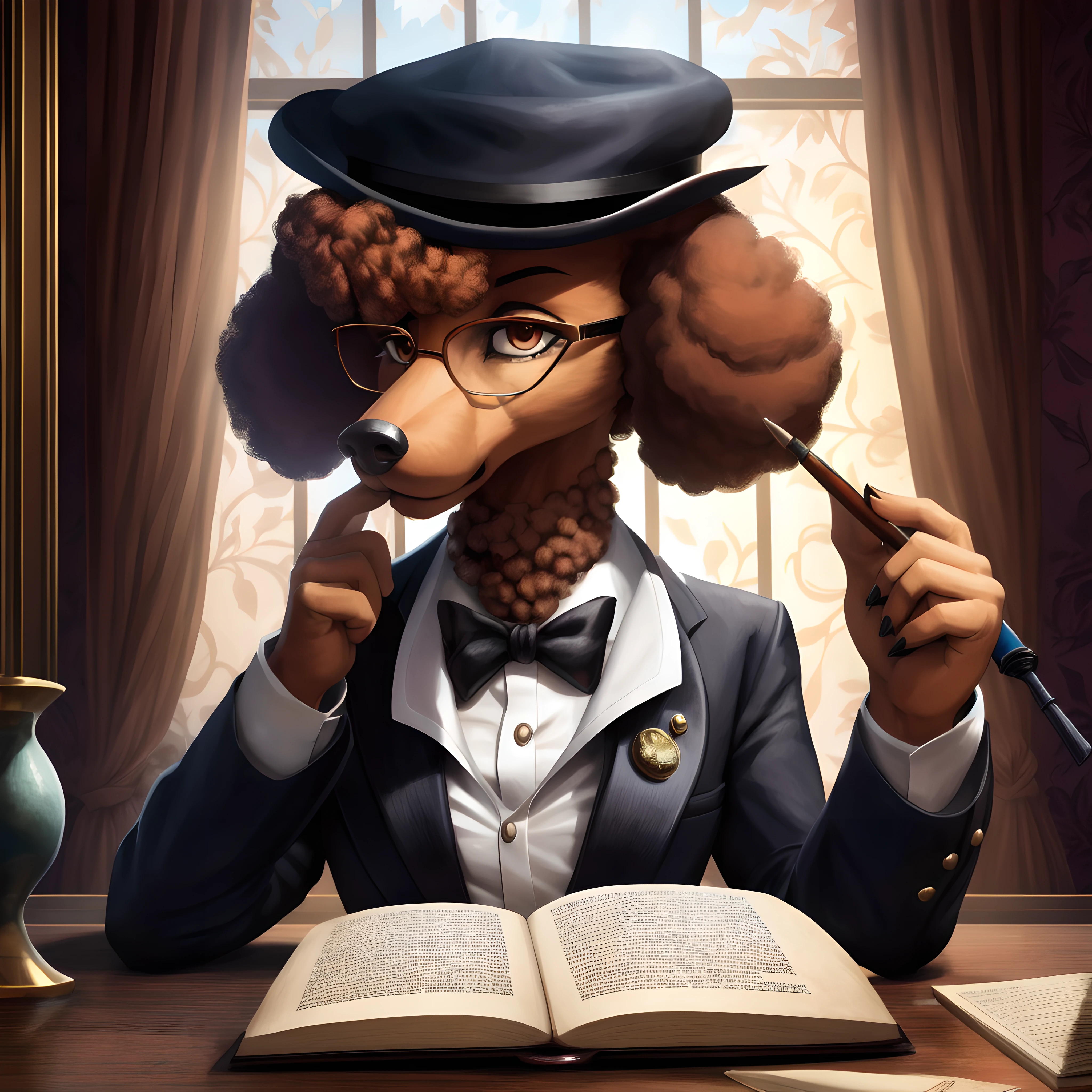 Poodle personification, A detailed detective, Stylish detective hat, Detective glasses, Reasoning Handbook, Mystery Novel Background, masterpiece, ultra-definition, extremely high details, extremely high quality, The ultra-Highres, 8k, HDR, Same focus, fine art, Creative, Sharpen every detail,