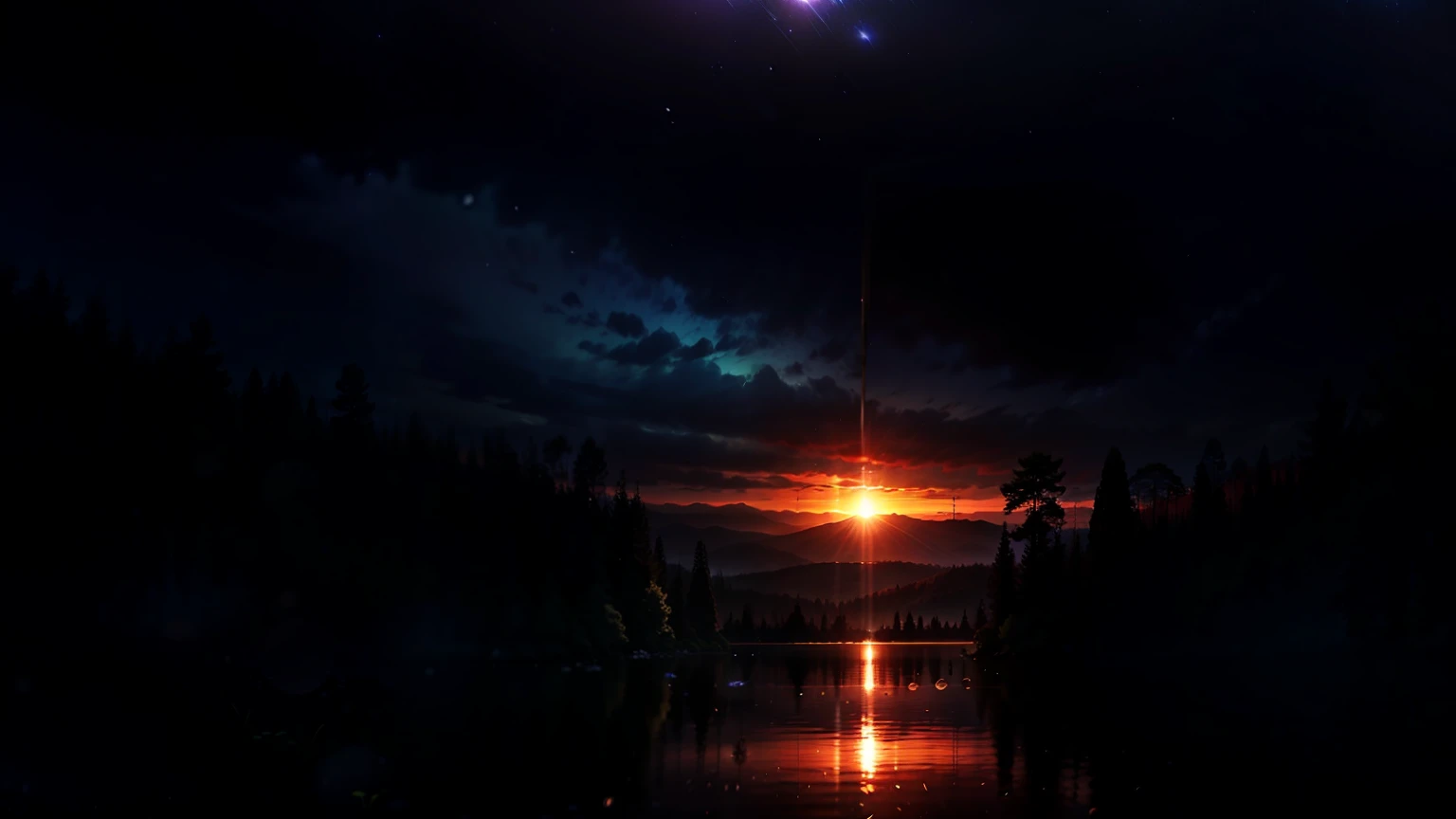 Wallpaper, summer, lake, dawn, forest, clouds, dawn background, depth of field, HD detail, hyperdetail, cinematic, soft light, deep field focus bokeh, ray tracing, diffuse (ultra-fine glass reflection) and realism. --v6