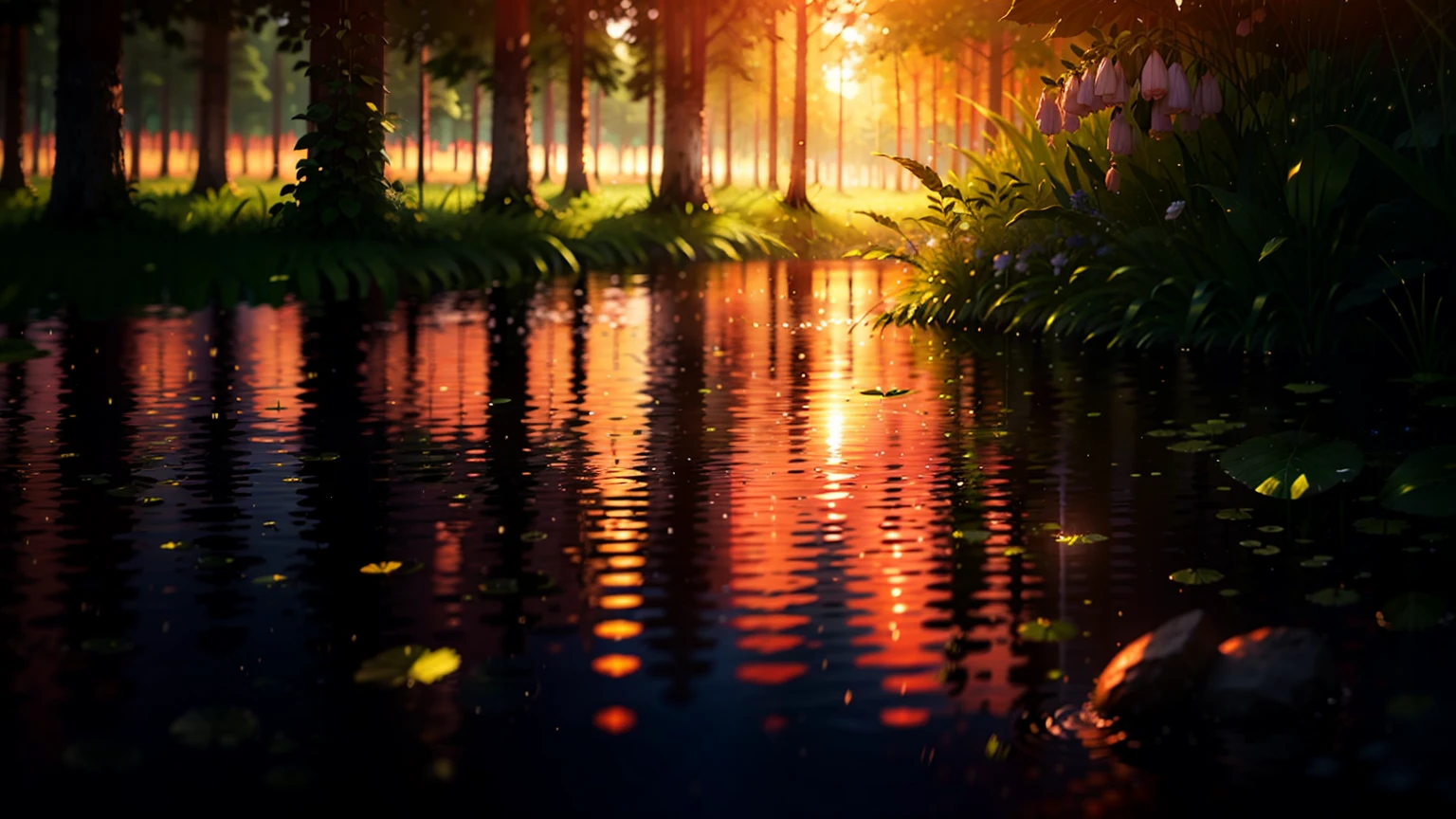Wallpaper, summer, lake, dawn, forest, clouds, dawn background, depth of field, HD detail, hyperdetail, cinematic, soft light, deep field focus bokeh, ray tracing, diffuse (ultra-fine glass reflection) and realism. --v6