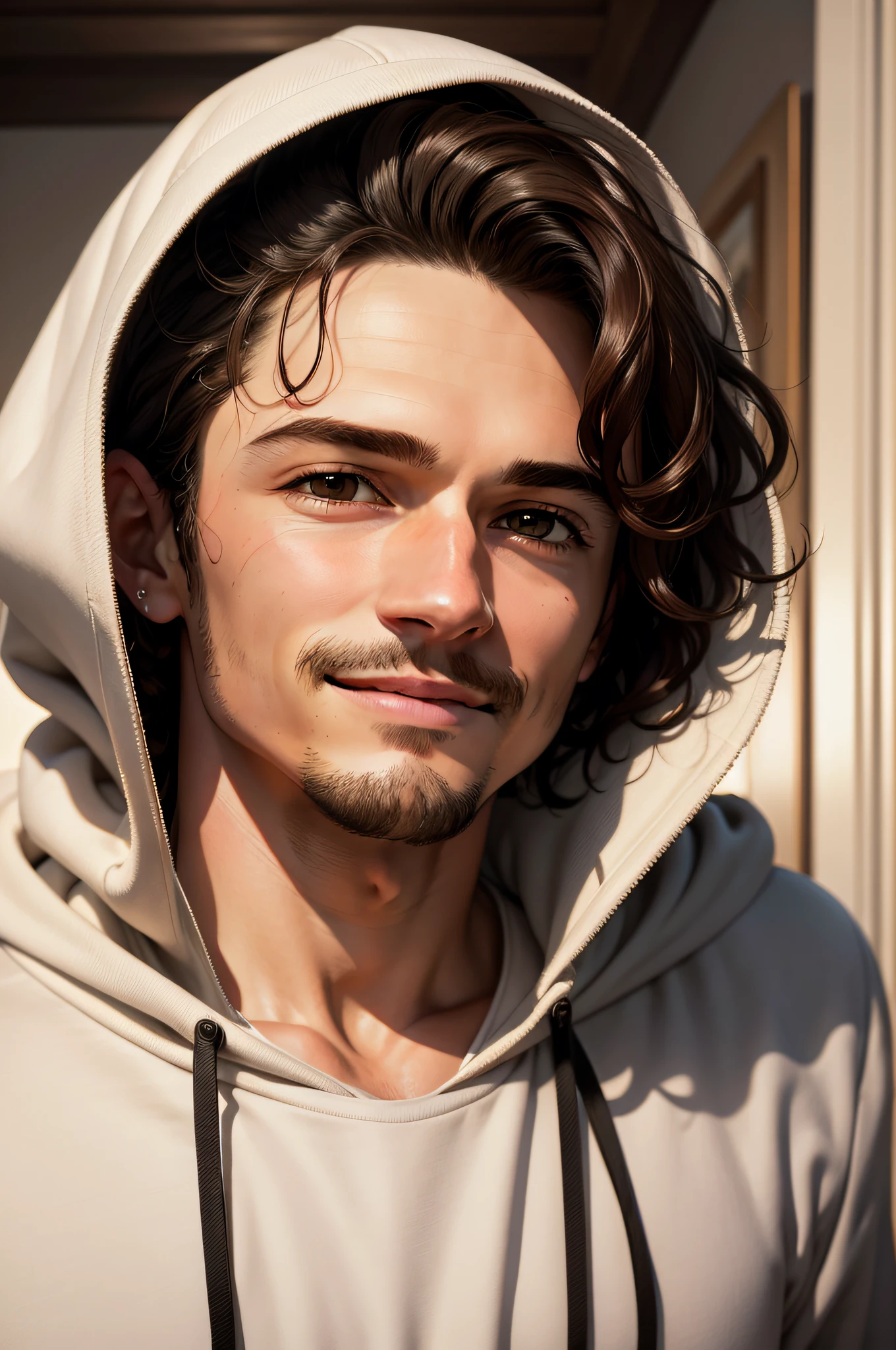 1 man, handsome, hd, masterpiece, portrait, alone, looking up front, close up, Orlando Bloom, brown eyes , short wavy hair, wearing a dark hoodie, white shirt, smiling, parted lips