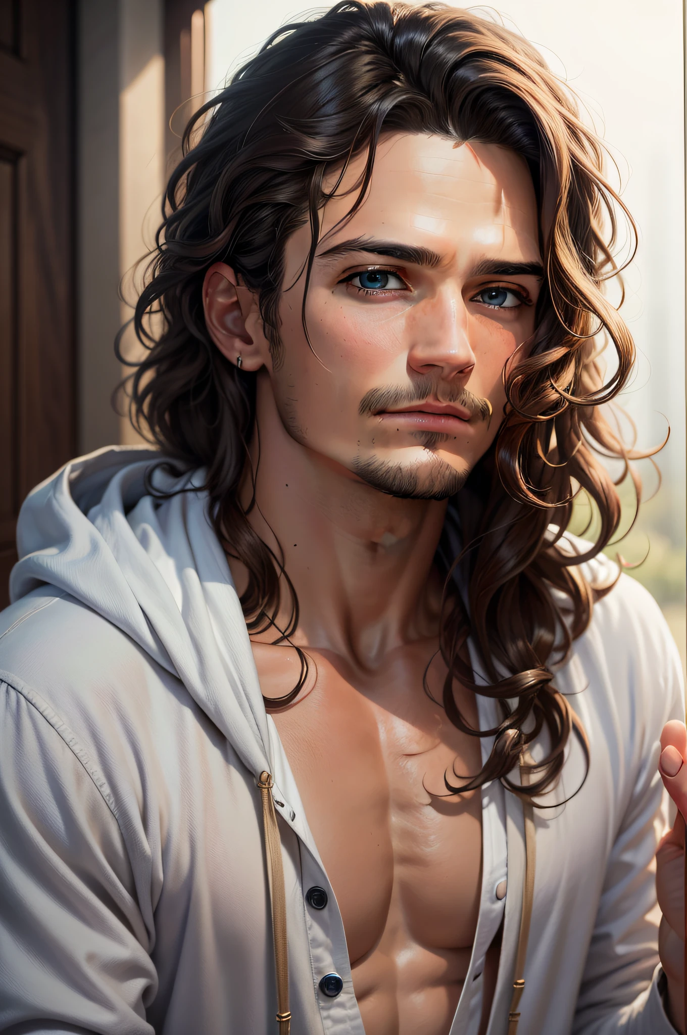 1 man, handsome, hd, masterpiece, portrait, alone, looking up front, close up, Orlando Bloom, blue eyes , wavy hair, Will Turner lookalike, wearing a dark hoodie, white shirt