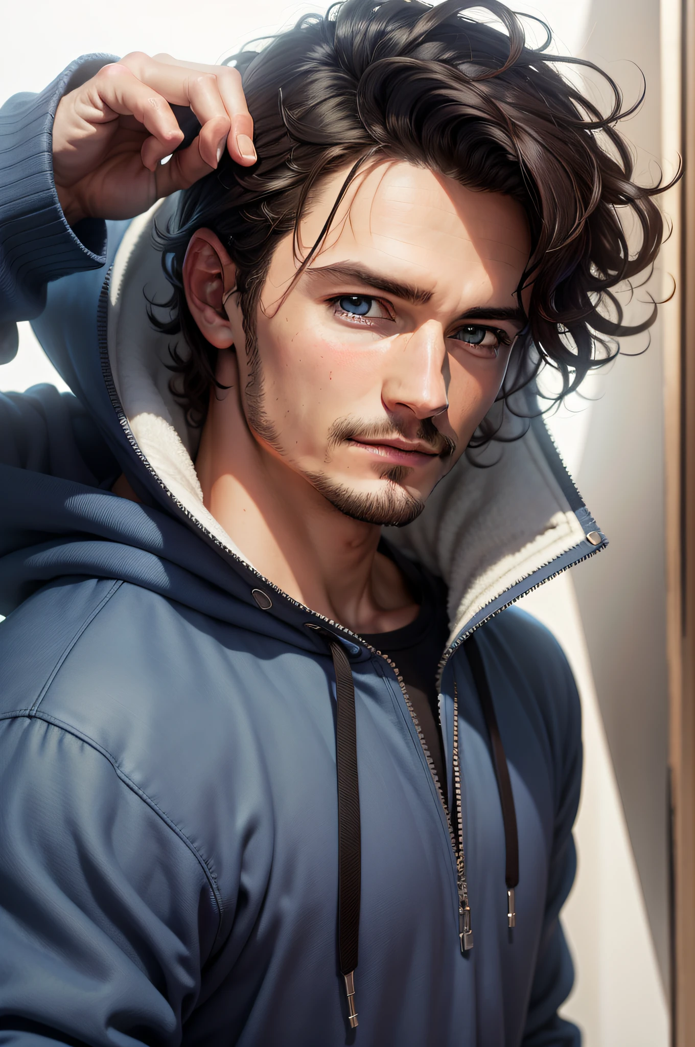 1 man, handsome, hd, masterpiece, portrait, alone, looking up front, close up, Orlando Bloom, blue eyes , short wavy hair, wearing a dark hoodie, white shirt
