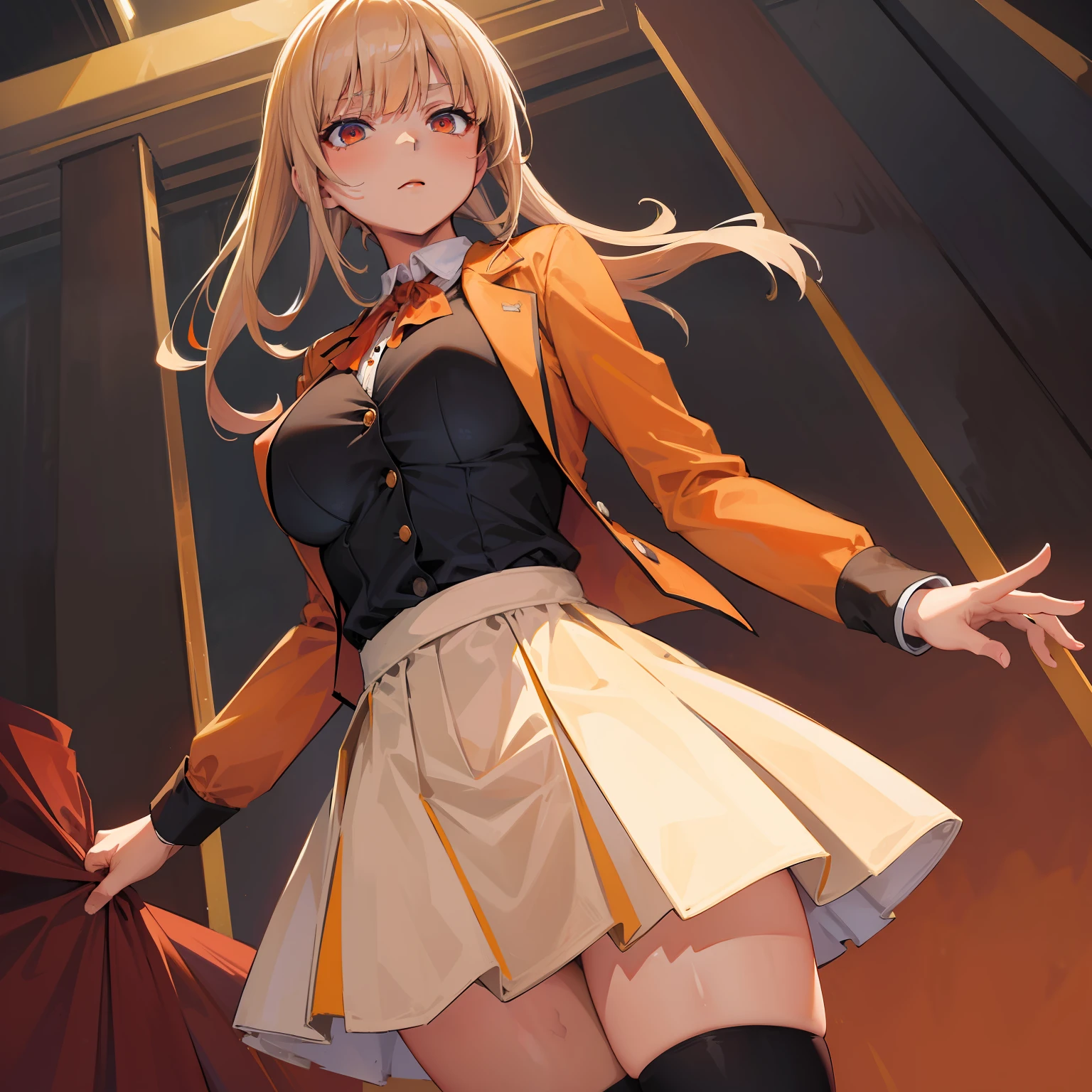 Masterpiece,highest quality, short beige-colored hair,school formal attire consisting of an orange blouse paired with an unbuttoned crimson blazer with a blue ribbon, a short-length white sailor striped pleated skirt, and black thigh-highs, detailed eyes, crimson eyes