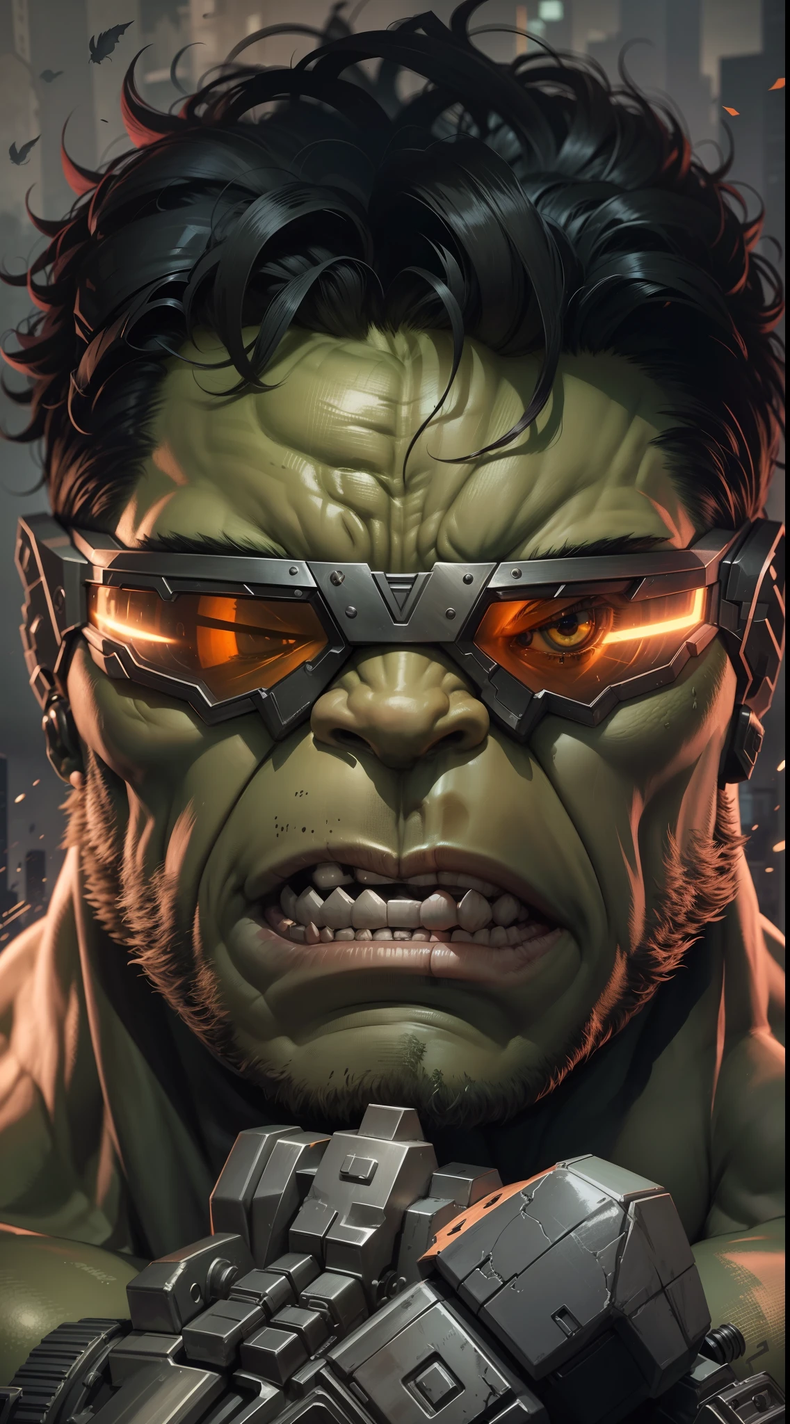Hulk es un musculoso verde , Hulk hacker, visor en su cabeza , lentes cyberpunk,ojos rojos. Lleva una armadura de metal que cubre todo su cuerpo, excepto su cabeza y sus manos. His armor is decorated with pickaxes and other weapons, y tiene un casco con una visera que oculta su rostro. Hulk is standing in a dark alley, y la luz de las farolas se refleja en su armadura. His expression is fierce and his muscles are tense., como si estuviera listo para luchar.