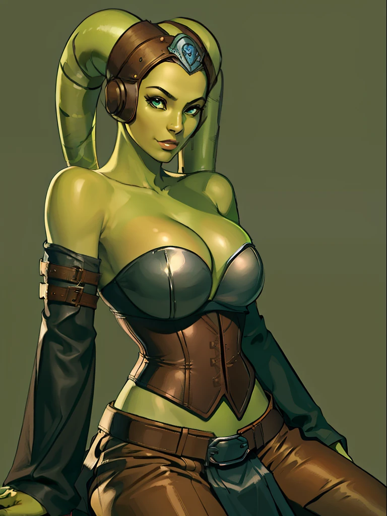 (green skin), Twi'lek, large breasts, cleavage, Jedi, brown leather, strapless corset, shoulder pad, single long sleeve, skirts, tan trousers, long boots, brown leather, buckles, straps, Star Wars,