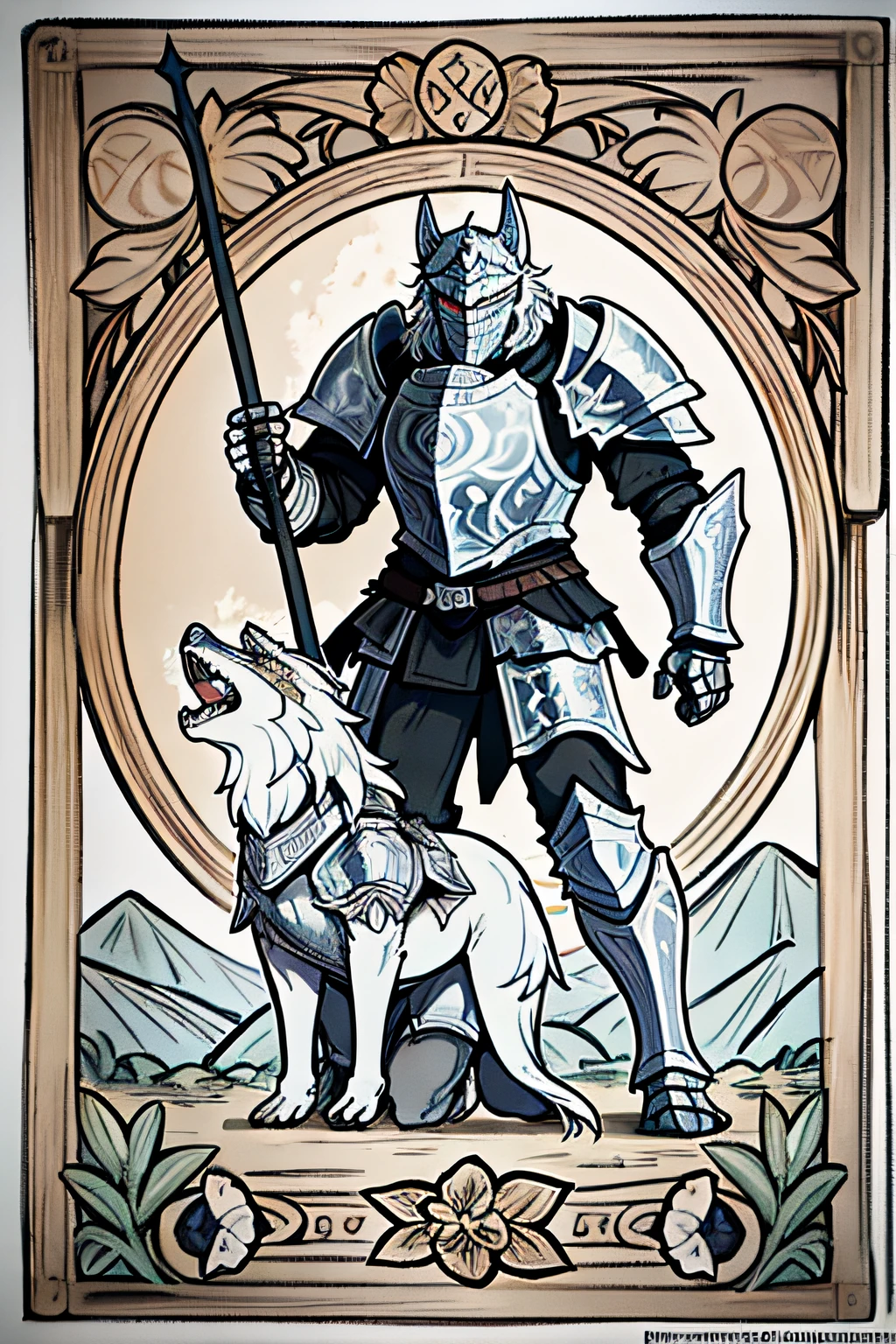 "A solitary black-armored knight, accompanied by a loyal wolf companion, embodies the essence of bestiary_style. This exceptional masterpiece portrays unparalleled quality and is free from any distracting text or watermarks."