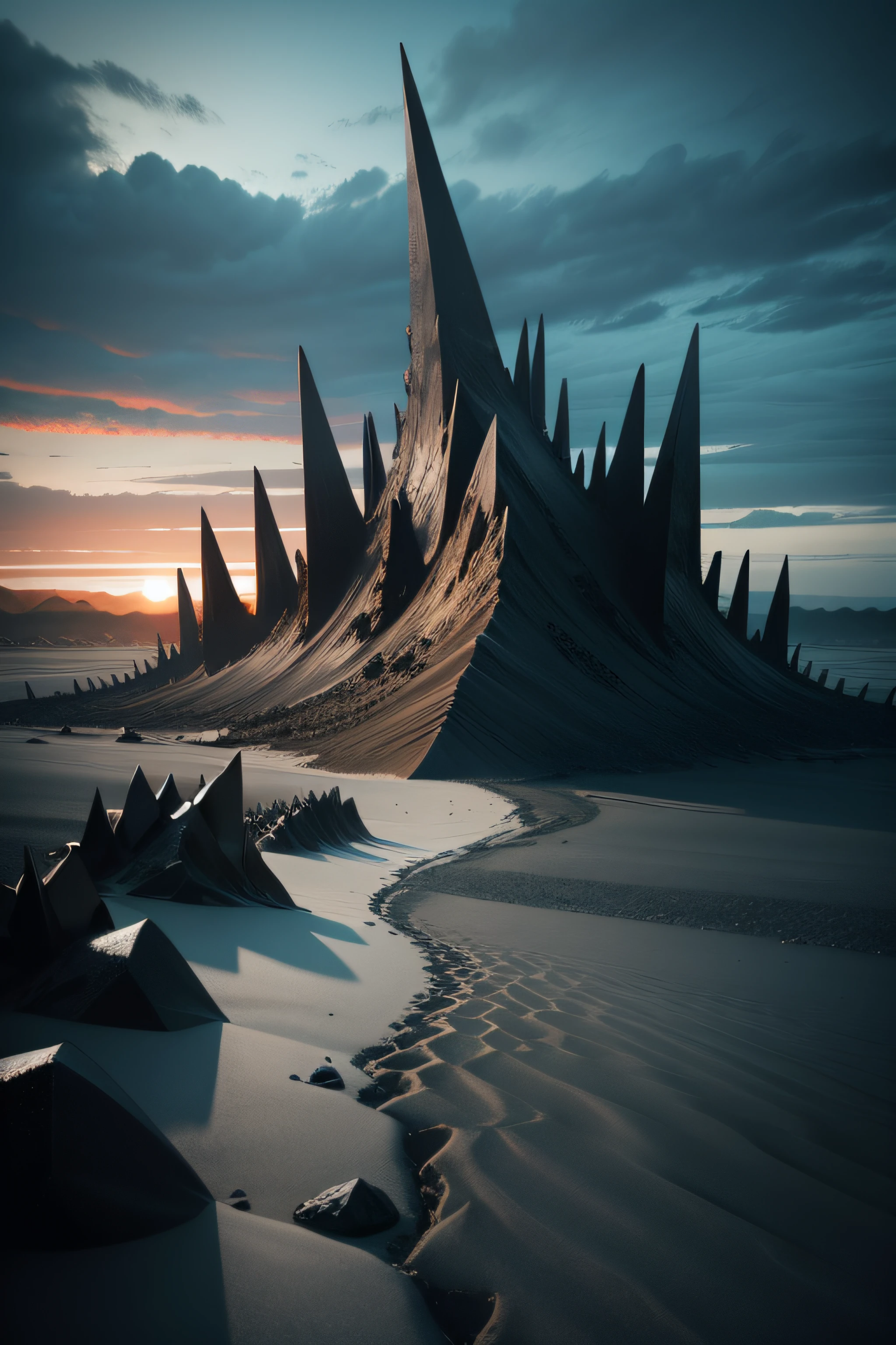 black sand landscape, sharp spikes at the background, horror art, abstract, end of the world, apocalypse, photorealistic, cinematographic