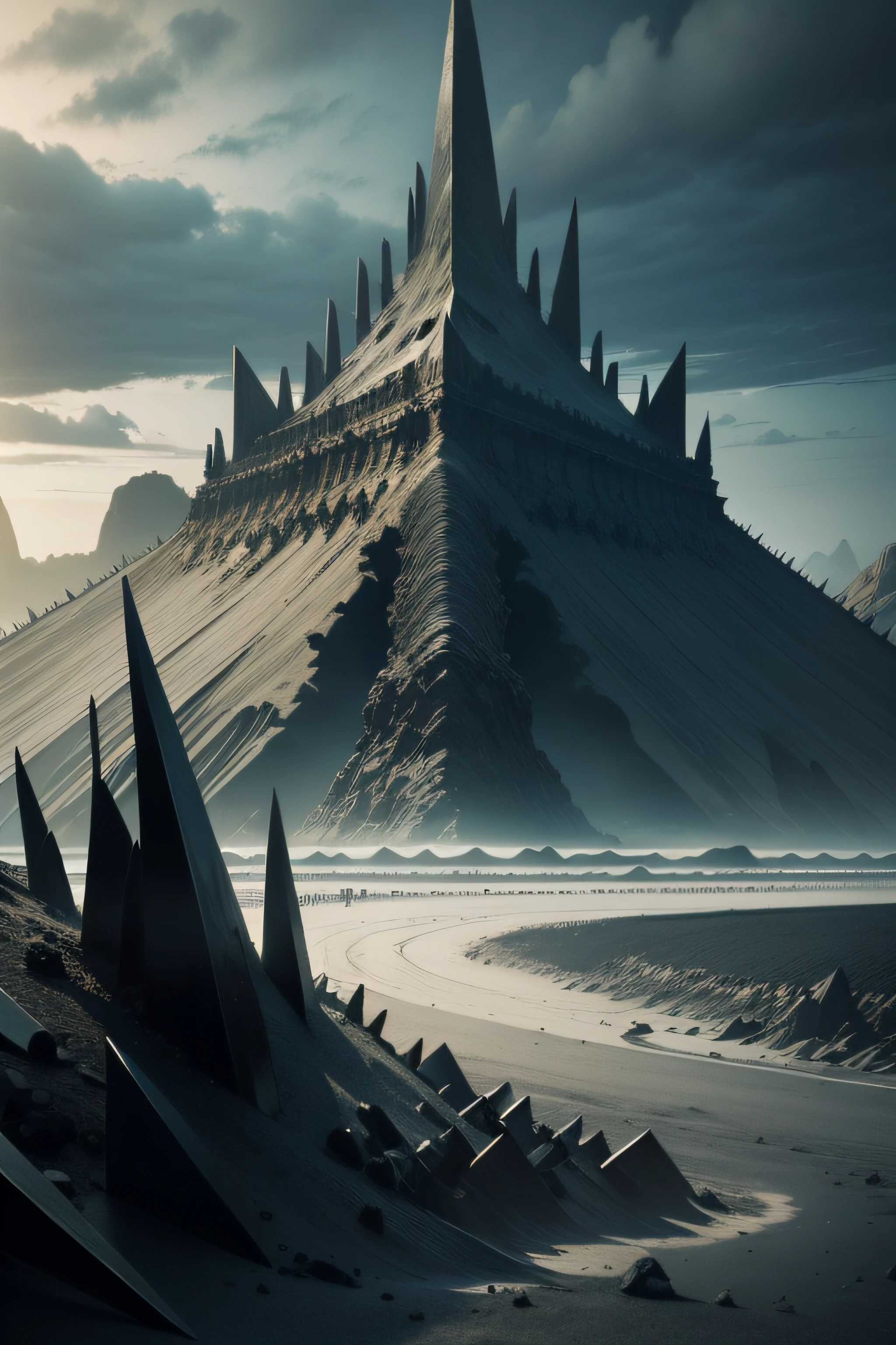 black sand landscape, sharp spikes at the background, horror art, abstract, end of the world, apocalypse, photorealistic, cinematographic