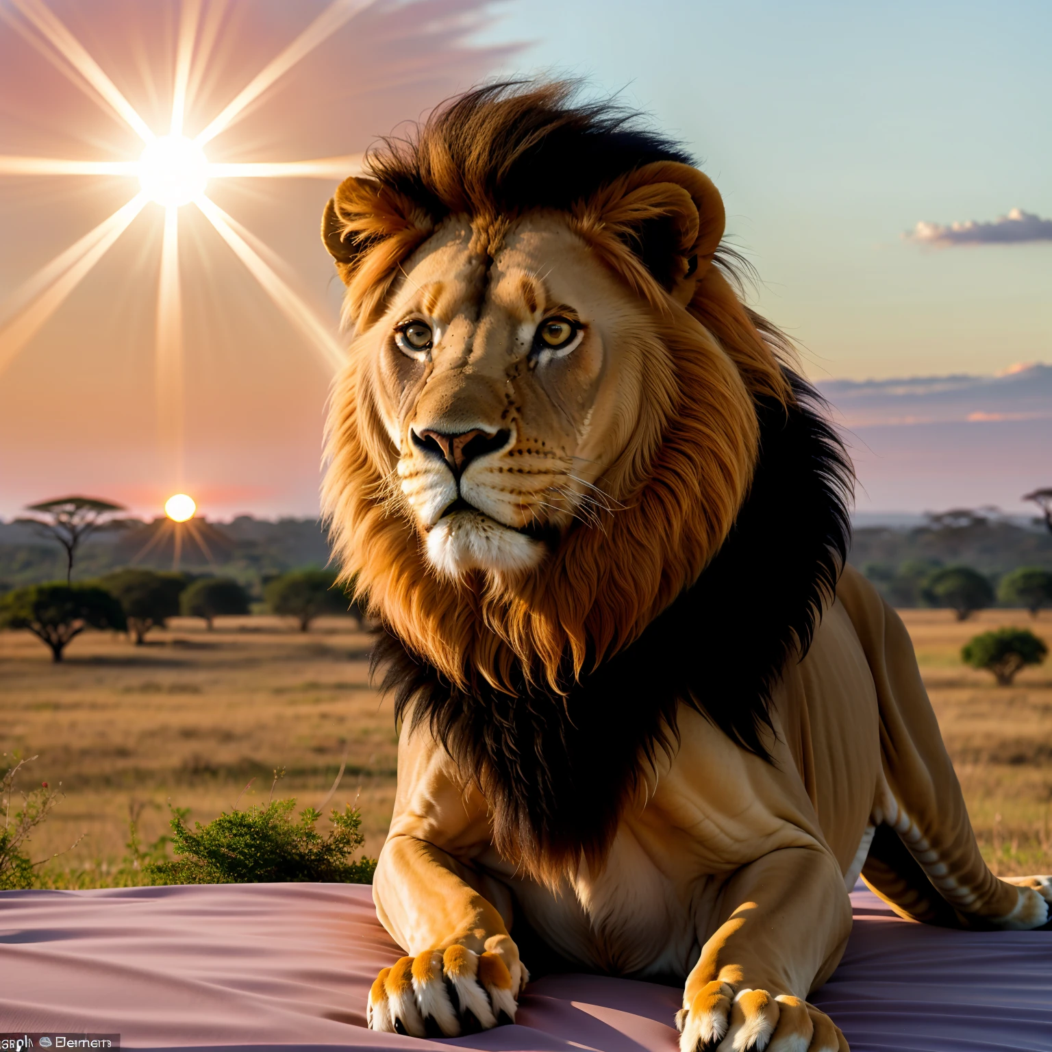 A majestic lion with the crown of a king on its head, sua juba dourada flutuando ao vento enquanto ele vagueia pela grama alta da savana. From a distance, The setting sun paints the sky in shades of fiery orange and deep purple, casting a warm and welcoming glow on the African landscape, A large beam of sun illuminates the lion