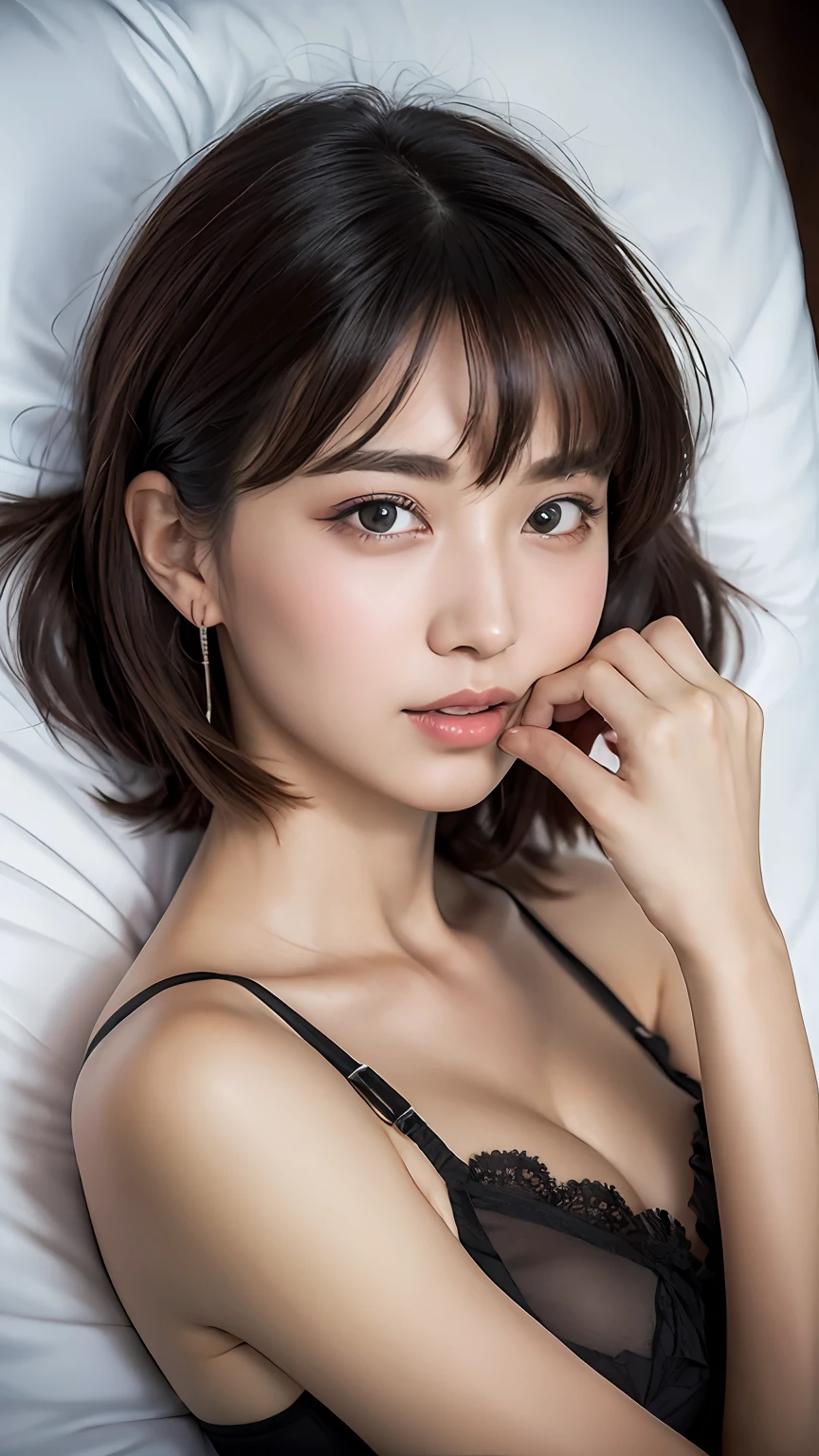 (8k, RAW Photo, Best Quality, Masterpiece:1.2), Ultra Detail, Super Resolution, (Realistic, Realistic Photo:1.37), Portrait, High Detail RAW Color Photo, Professional Photo, Extremely Detailed and Beautiful, Extremely detailed, 8k wallpaper, amazing and detailed, huge file size, official art, highly detailed CG unity 8k wallpaper, highly detailed beautiful girl, highly detailed face, highly detailed eyes, highly detailed skin, highly detailed fingers, highly detailed nose, very detailed detailed mouth , perfect anatomy, highly detailed background, highly detailed clothes, 1girl, (20:1.2), 20s, cute girl, realistic body, petite, fair skin, glowing skin , slim body, handsome body, black hair , short hair, (blunt bangs:1.2), smile, cute, youthful, cute face, realistic face, delicate eyes, drooping eyes, lingerie, see-through, earrings, looking at viewer, cowboy shot, facing front, standing posture, Contraposto, dynamic lighting, very large breasts, cowboy shot, (Lying in Bed, Open Legs: 1.2), (embarrassed: 1.3), Ultra Detailed Face, Highly Detailed Lips, Detailed Eyes,  Double Eyelids, Bra Red