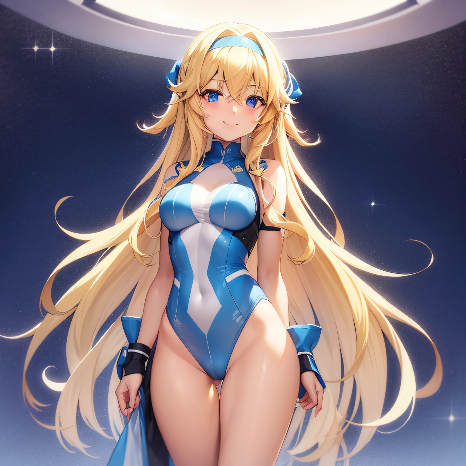 Solo, {{{{cecilia alcott}}}}, infinite stratos, Blonde hair, long curly hair, side locks [[[[drill]]]] Tip, blue hairband, Blue eyes, hair between eye, {{{{tareme}}}}, Smile, skyporn、(High Leg Figure)、is standing