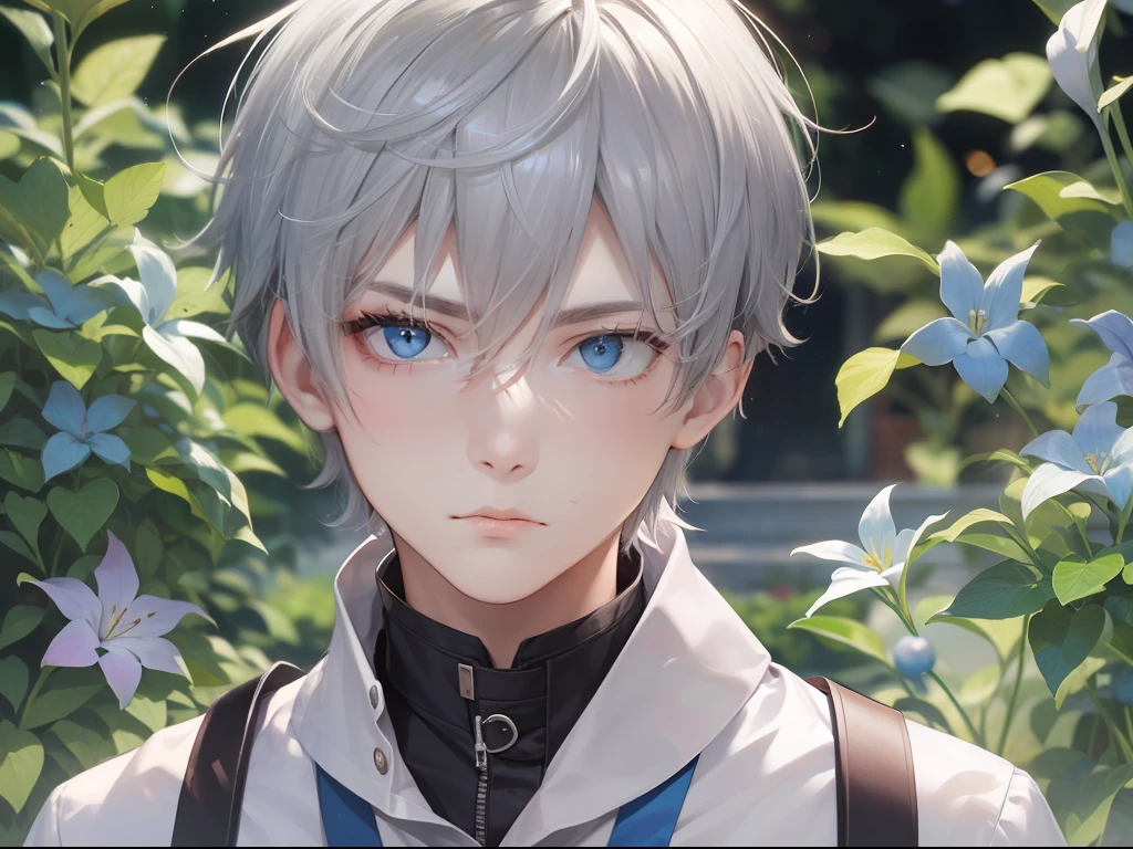 Best quality, tmasterpiece, An 18-year-old boy, Short gray hair, blue color eyes, The expression is firm, Stand in the garden