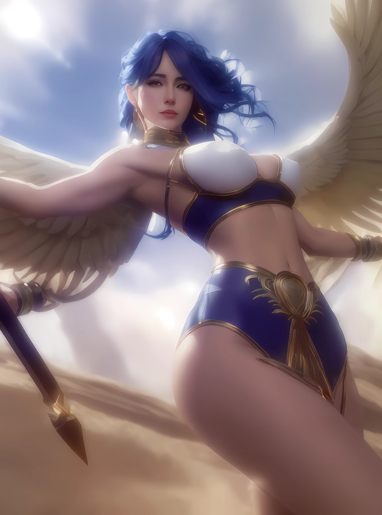 ((best Quality, 4K, Masterpiece: 1.3)), (Detailed: 1.4), Reality, 1girl, a woman with wings and a sword in a desert, artgerm julie bell beeple, extremely detailed artgerm, as seen on artgerm, artgerm detailed, artgerm lau, ig model | artgerm, artgerm style, in style of artgerm, wlop and artgerm, A woman with hair Bangs and Braid hairstyle, Braid, Big Breast, Huge Breast, Nice Thigh, A woman with blue Hair and Spears, Egypt woman with White bra, 4K, HD, Ultra Realistic, extremely detailed, white cloth on thigh