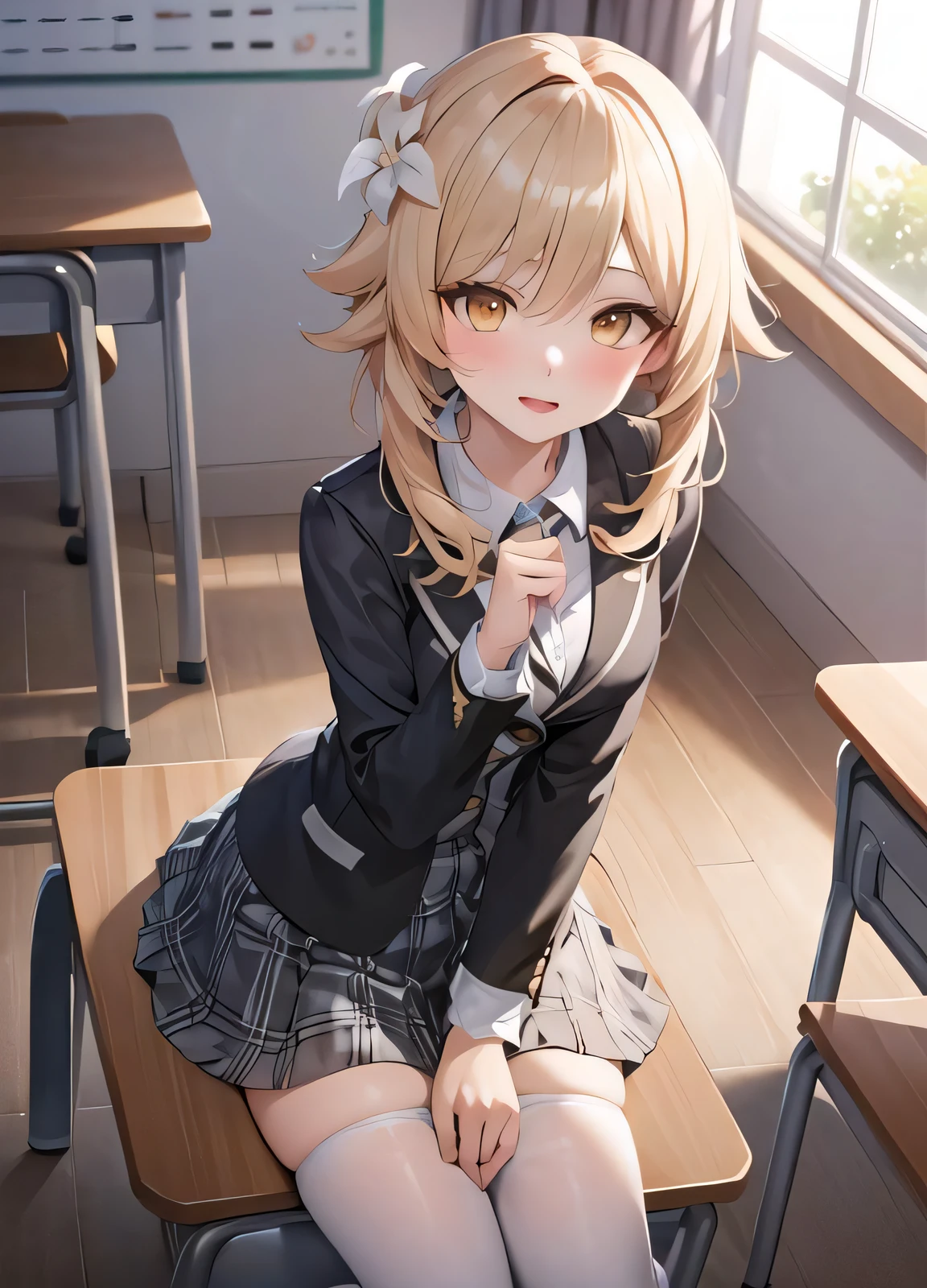 best quality, ((masterpiece)),extremely details, ultra high res, illustration,1girl,lumine \(genshin impact\),skirt, jacket, plaid_skirt, plaid, desk, blazer, solo, book, classroom, school_desk, hair_ornament, indoors, school_uniform,looking_at_viewer, pleated_skirt, blush, window, black_jacket, shirt, long_sleeves, mole, hairclip, collared_shirt