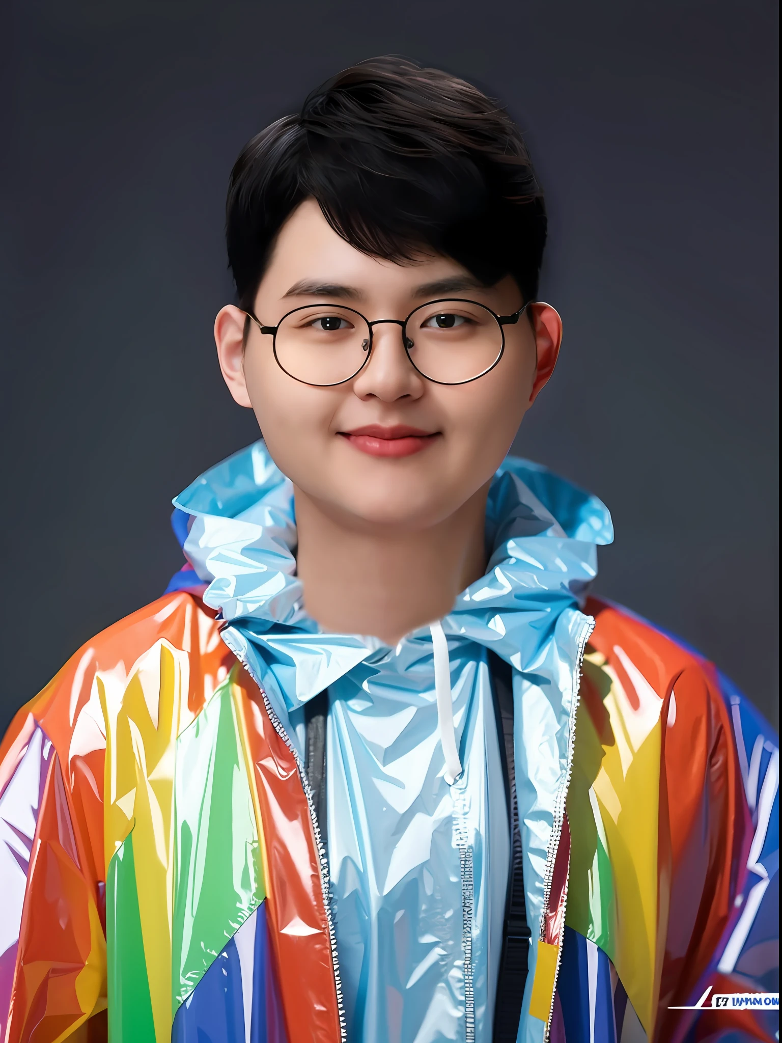 A Chinese male high school student，Wearing a PVC colored raincoat，with hat