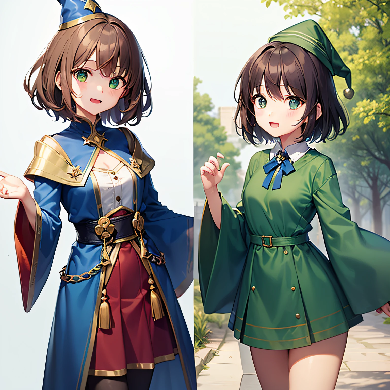 top-quality、extremely delicate and beautiful、((A teenage girl))、Green eyes、Small breasts、Short hair、Brown hair mixed in、Short hair、(Green Wizard Hat)、(a large blue ribbon on the head)Soio、Green clothing、long-sleeve、Red brooch on the neck、((Blue wizard robe dressed in green))、Standing
