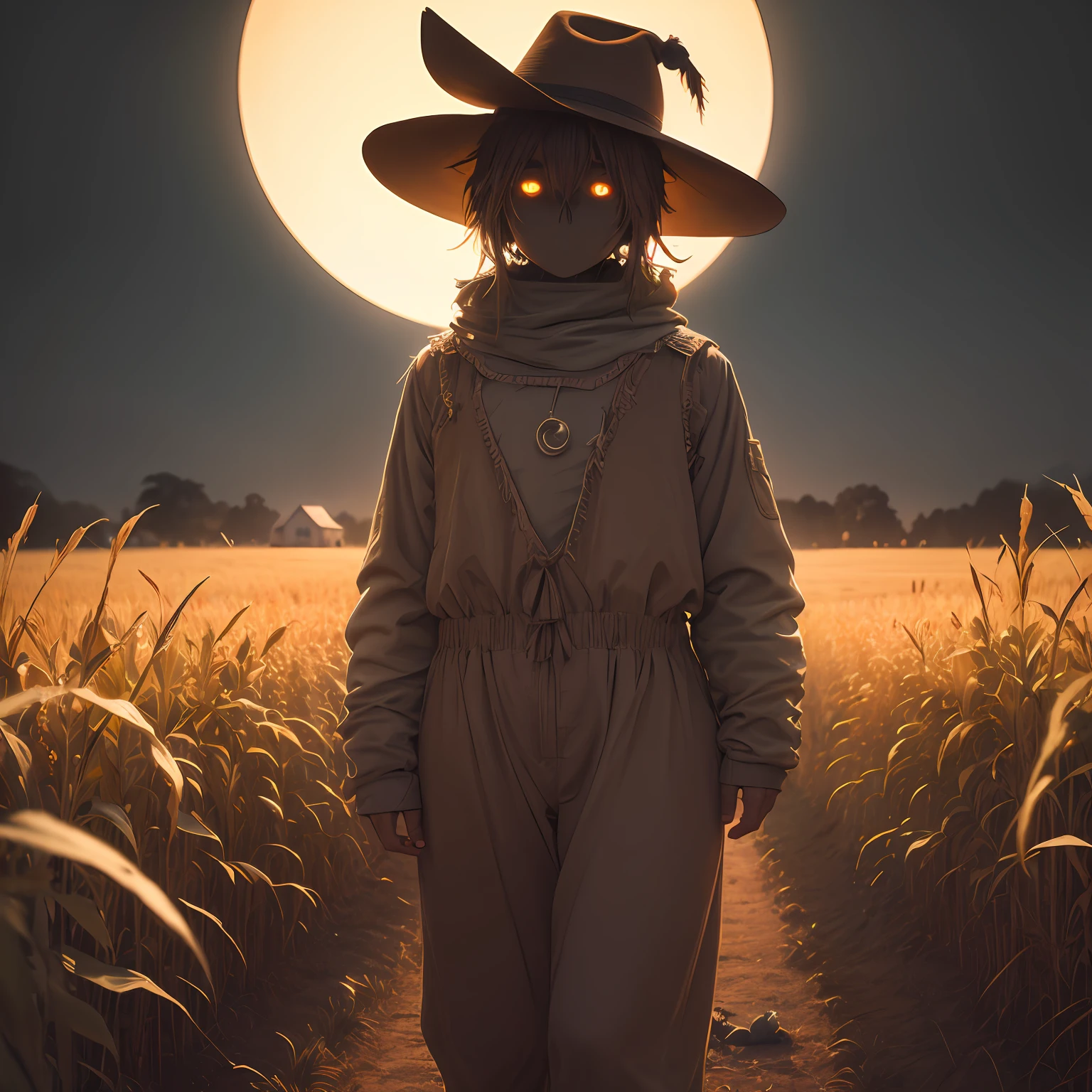 A remote farm, scarecrow standing tall in the cornfield, in darkness of the night, its eyes glowing with an unnatural light --auto