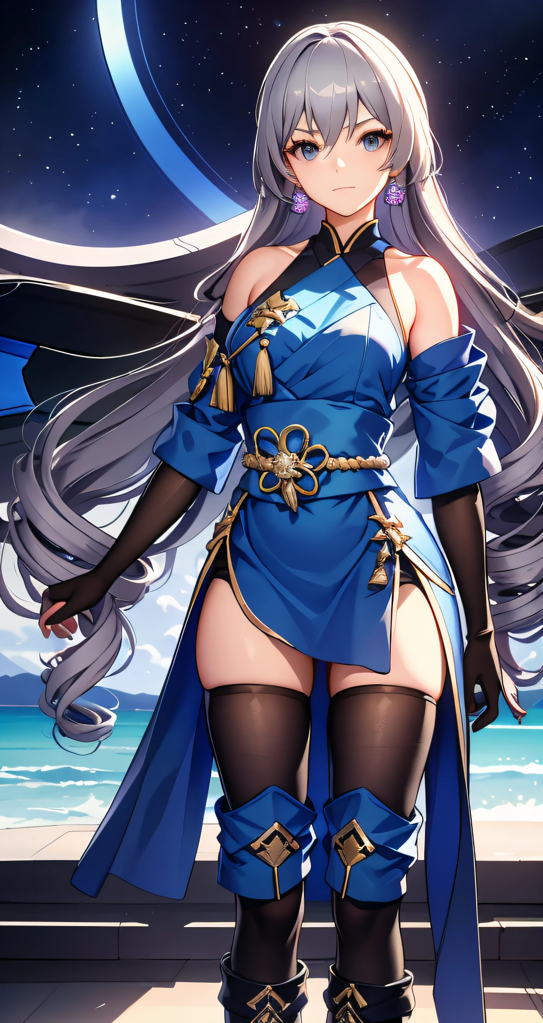 ph bronya, 1girl, solo, trinkets, 耳Nipple Ring, long whitr hair, whaite hair, By bangs, drill bit, cropped shoulders, Gray eye, Long boots, Stockings, Hair between the eyes, boots, gloves on the elbow, 无袖, Black gloves, Double diamond,obi strip,Leggings,White dress,breastsout,Medium chest,Black shoes,longer sleeves,(tmasterpiece:1.2,Need),(Delicate and beautiful eyes:1.2),(The background is meticulous,Dark fantasy),(beautiful detailed face),hight contrast,(The best lighting,Extremely refined and beautiful),((cinematric light)),plethora of colors,hyper-detailing,dramatic light,Complicated details,(Sharp facial hair between the eyes,dynamic angle),Black light swirling around the character,depth of fields,Black light particles,(brokenglass),Magic Array,