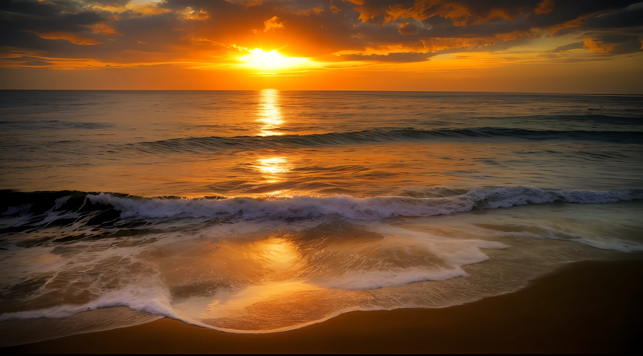 arafed view of a sunset over the ocean with waves, which shows a beach at sunset, sunset at the beach, the most beautiful sunset, beach sunset background, sunset on the beach, golden sunset, on the beach during sunset, at the beach on a sunset, golden hour time, at the golden hour, warm beautiful scene, in a golden sunset sky