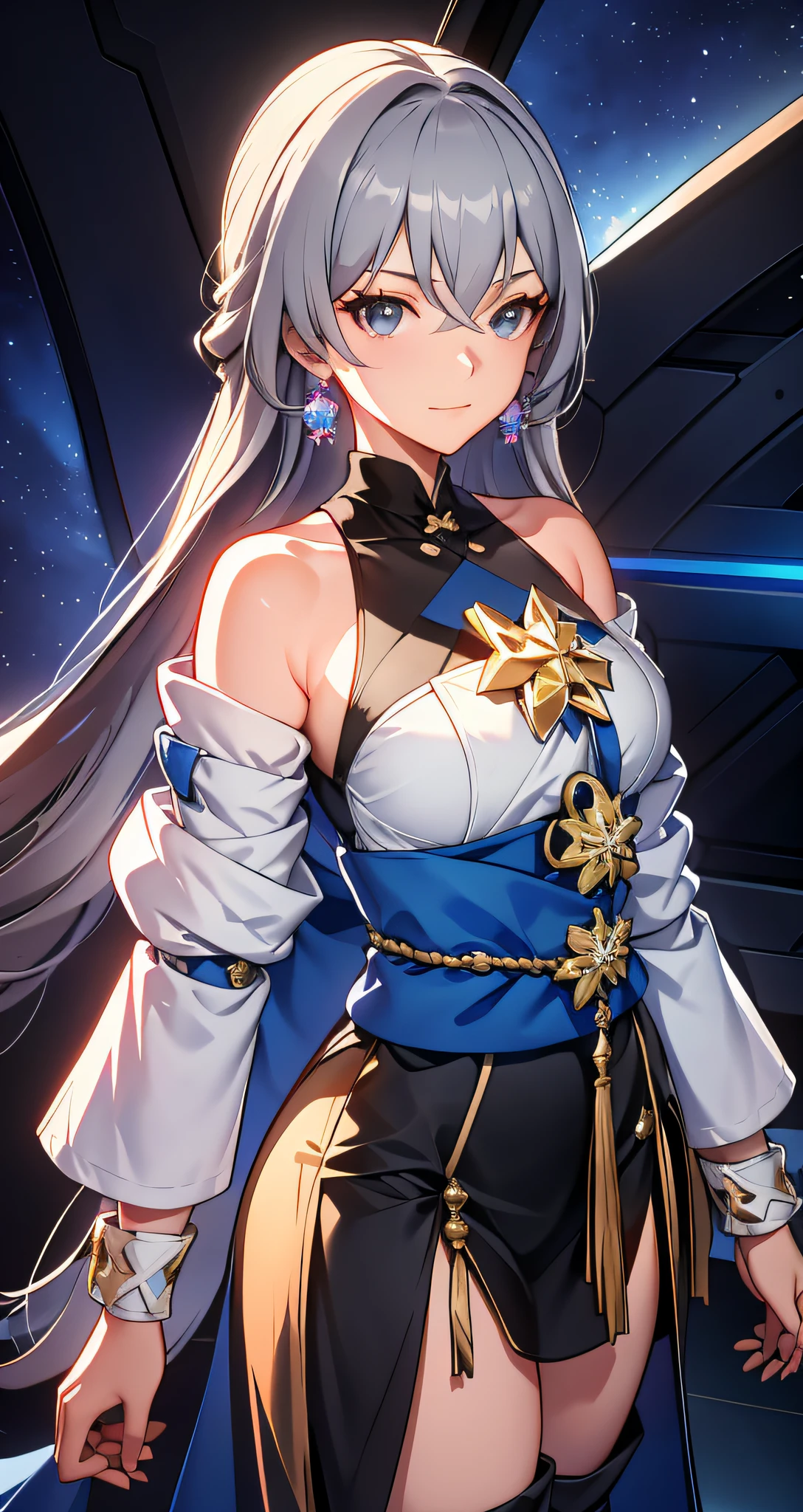 ph bronya, 1girl, solo, trinkets, 耳Nipple Ring, long whitr hair, whaite hair, By bangs, drill bit, cropped shoulders, Gray eye, Long boots, Stockings, Hair between the eyes, boots, gloves on the elbow, 无袖, Black gloves, Double diamond,obi strip,Leggings,White dress,out,Medium chest,Black shoes,longer sleeves,(tmasterpiece:1.2,Need),(Delicate and beautiful eyes:1.2),(The background is meticulous,Dark fantasy),(beautiful detailed face),hight contrast,(The best lighting,Extremely refined and beautiful),((cinematric light)),plethora of colors,hyper-detailing,dramatic light,Complicated details,(Sharp facial hair between the eyes,dynamic angle),Black light swirling around the character,depth of fields,Black light particles,(brokenglass),Magic Array,