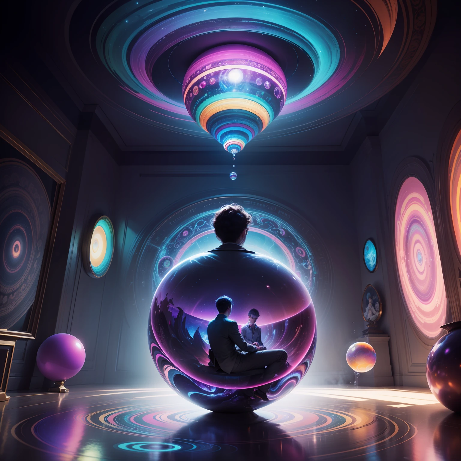 1️⃣ a man in a living room with a bubble sculpture, in the style of psychedelic dreamscapes, mesmerizing optical illusions 

2️⃣ an artwork in a room showing colorful bubbles with colorful people, in the style of fantastical otherworldly visions, night photography, forced perspective drawings, i can't believe how beautiful this is, optical illusion inspired, psychedelic, spherical sculptures 

3️⃣ a person looking at a scene in a large bubble, in the style of psychedelic fusion, realistic usage of light and color, elaborate spacecrafts, i can't believe how beautiful this is, psychedelic tableaux, cryptic psychedelia, infinity nets 

4️⃣ person's work shows a man playing with a psycoscopic ball, in the style of hypercolorful dreamscapes, i can't believe how beautiful this is, illuminated interiors, photo-realistic techniques, microscopic views, mikalojus konstantinas ciurlionis, chris dyer