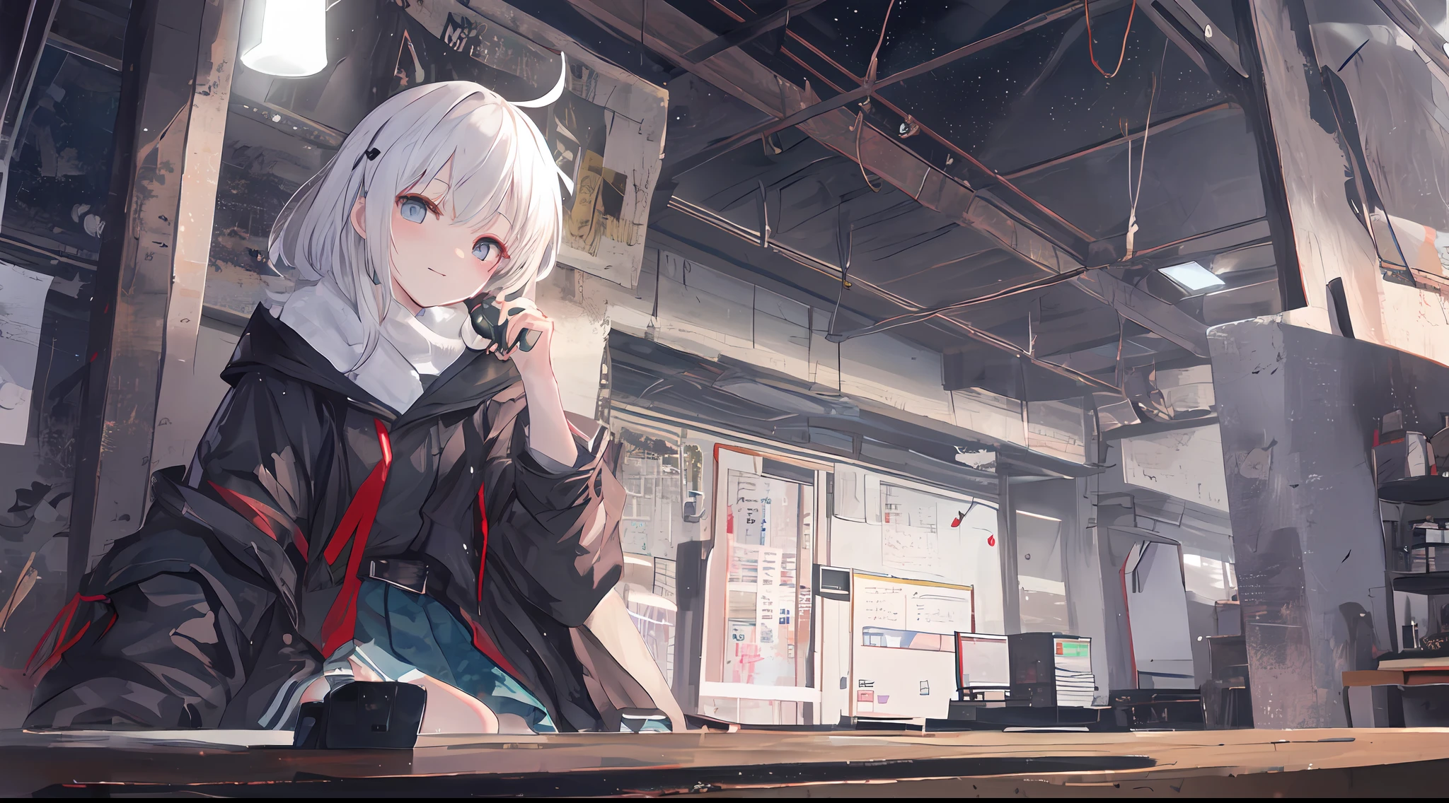 Heterochromic pupils,solo person,Ark of Tomorrow,one-girl,off-shoulder sweater, backless outfit,Starry sky,clusters of stars,Ray tracing,{Best quality}, {{Masterpiece}}, {A high resolution}, Original, Extremely detailed 8k wallpaper, {An extremely delicate and beautiful},,incredibly_absurderes,Colorful,intricately details,art book,,incredibly_absurderes,Ray tracing,Perspective,Wide shot,Overall view,,A high resolution,Game CG,short_Hair,cat_hor ears,White_Hair/White_Eyes,Detail fingers,Hands in hair,pigeon-toed,Pout,Blush,Eyes visible through hair,off-shoulder sweater,White_wind coat,Superskirt,White pantyhose,White cat ears,(((long white hair))),White tail,reaching out her hands,W cut sitting position,(((a black trench coat))),(((Blue sailor collar))),Blue pupil,Black hairpin,Post-industrial buildings,4K,Master picture quality,Texture,Ark of tomorrow style,On the ground lay the West Sword,eventide,Blood-red sunlight,Black backpack,((((Short blue skirt)))),((((White tights)))),black sneaker shoes,full bodyesbian,long and flowing hair,Smiling,Squint,The ultimate in facial depiction,The ultimate body depiction,The ultimate hair depiction ,There are lanterns on the ground,is shy,in a panoramic view,The ultimate scenario description,Pout,Beautiful_face,Beautiful detailed eyes,One eye is white,One eye closed ,Earphone,Beautiful detailed sky,reflective light,Ray tracing,Sunlight,(Maid dress),Sailor dress,Sleeves,beautiful detailed water,Beautiful detailed sky,god light,depth of fields,Normal body,Normal posture,Front view,Absolutely good light and shadow,Detailed sky,baiyun,the sunset,(((城市,starlights,rios,darkly))).{Best quality}, {{Masterpiece}}, {A high resolution}, Original, Extremely detailed 8k wallpaper, {An extremely delicate and beautiful},,Ray ,{Best quality}, {{Masterpiece}}, {A high resolution}, Original, Extremely detailed 8k wallpaper, {An extremely delicate and beautiful},,incredibly_absurderes,Colorful,intricately details,art book,,Overall view,,Depth o