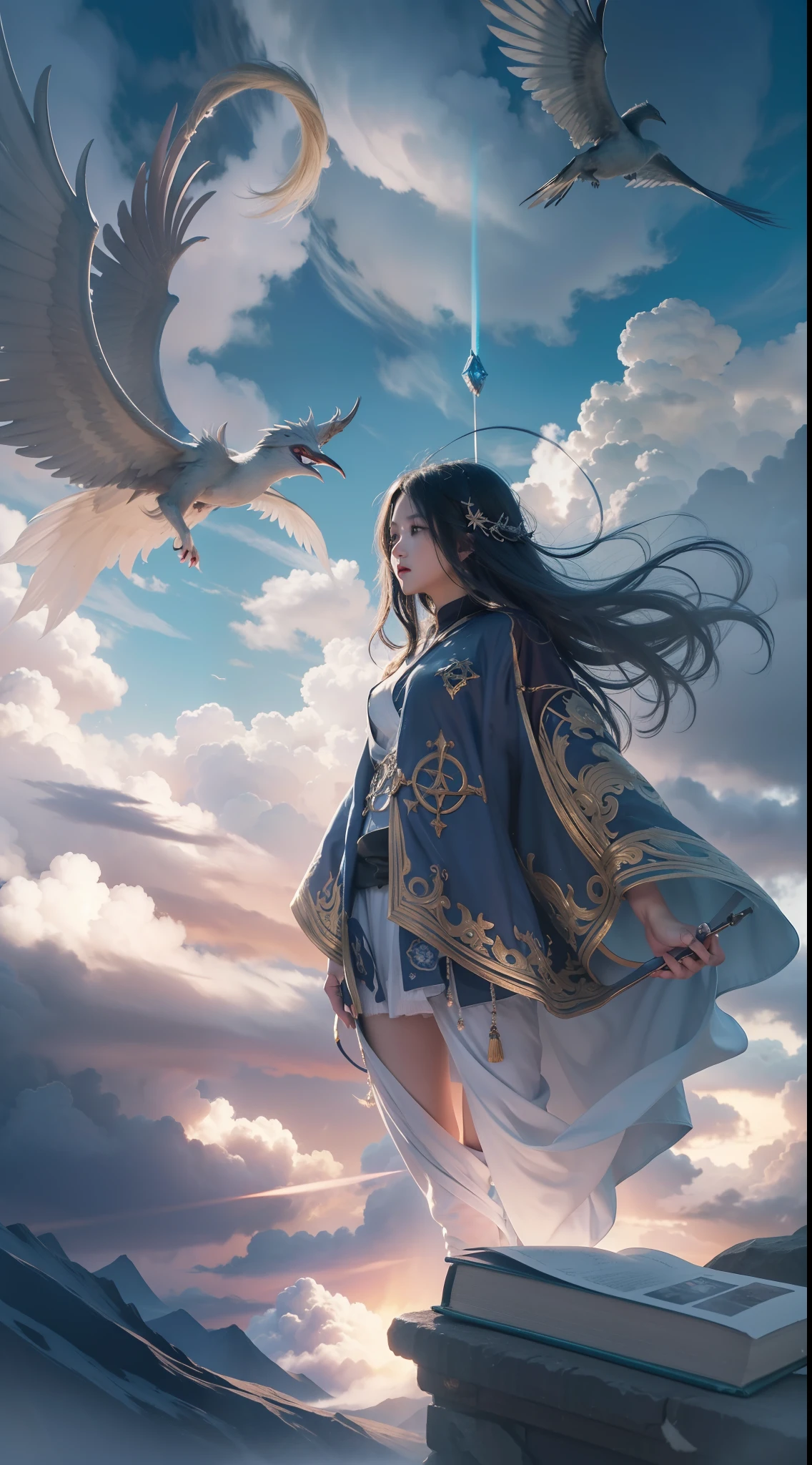Above the rising clouds,Daytime, Dark, (Fantasy),infinite,deep blue sky,The abyss of knowledge,Cowledge,((masutepiece)), (((Best Quality))),((Beautiful fine eyes)),(Eye lashes)、Realistic clouds、Very beautiful face、The ultra -The high-definition、high fantasy castle、beautiful Girl、(1人)、Black hair、The long-haired、abyss eyes、glowy skin、oils、small tits、Perfect human body structure、Wizard robes、der riese、tattered cloth、Realistic coat、Tee、Super delicate CG Unity 32k wallpaper、photoRealstic、masterpiece, ((ultra-detailliert)), ((illustratio)),colourfull,wall-paper,The energy,Unknown terror,Incomprehensible,Around the magic,Magical surroundings,magic wands,Boken,Flying pages,Know everything,Predict the future、Get to know the past、Infinite wisdom、blue flames、Warlock、magic circles、Pentagram、Spells、mantra、Singing magic