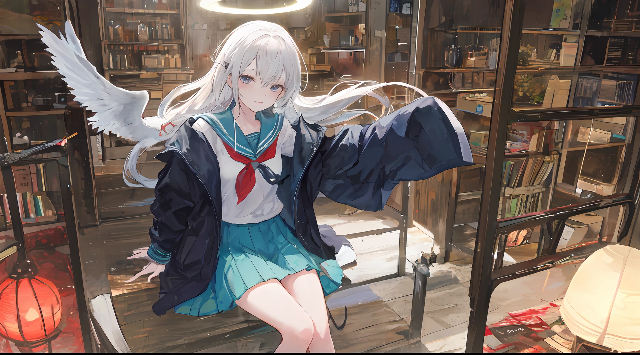Heterochromic pupils，solo person，Ark of Tomorrow，one-girl，off-shoulder sweater, backless outfit,Starry sky,clusters of stars,Ray tracing,{Best quality}, {{Masterpiece}}, {A high resolution}, Original, Extremely detailed 8k wallpaper, {An extremely delicate and beautiful},,incredibly_absurderes,Colorful,intricately details,art book,,incredibly_absurderes,Ray tracing,Perspective,Wide shot,Overall view,,A high resolution,Game CG,short_Hair,cat_hor ears,White_Hair/White_Eyes,Detail fingers,Hands in hair,pigeon-toed,Pout,Blush,Eyes visible through hair,off-shoulder sweater,White_wind coat,Superskirt,White pantyhose,White cat ears，（((long  white hair)))，White tail，reaching out her hands，W cut sitting position，(((a black trench coat)))，(((Blue sailor collar)))，Blue pupil，Black hairpin，Post-industrial buildings，4K，Master picture quality，Texture，Ark of tomorrow style，On the ground lay the West Sword，eventide，Blood-red sunlight，Black backpack，((((Short blue skirt))))，((((White tights))))，black sneaker shoes，full bodyesbian，long and flowing hair，Smiling，Squint，The ultimate in facial depiction，The ultimate body depiction，The ultimate hair depiction ，There are lanterns on the ground，is shy，in a panoramic view，The ultimate scenario description，Pout,Beautiful_face,Beautiful detailed eyes,One eye is white，One eye closed ,Earphone,Beautiful detailed sky,reflective light,Ray tracing，Sunlight,(Maid dress),Sailor dress,Sleeves,beautiful detailed  water,Beautiful detailed sky,god light,depth of fields,Normal body，Normal posture，Front view，Absolutely good light and shadow，Detailed sky，baiyun，the sunset，(((城市，starlights，rios，darkly))).{Best quality}, {{Masterpiece}}, {A high resolution}, Original, Extremely detailed 8k wallpaper,  {An extremely delicate and beautiful},,Ray ,{Best quality}, {{Masterpiece}}, {A high resolution}, Original, Extremely detailed 8k wallpaper, {An extremely delicate and beautiful},,incredibly_absurderes,Colorful,intricately details,art book,,Overall view,,Depth o