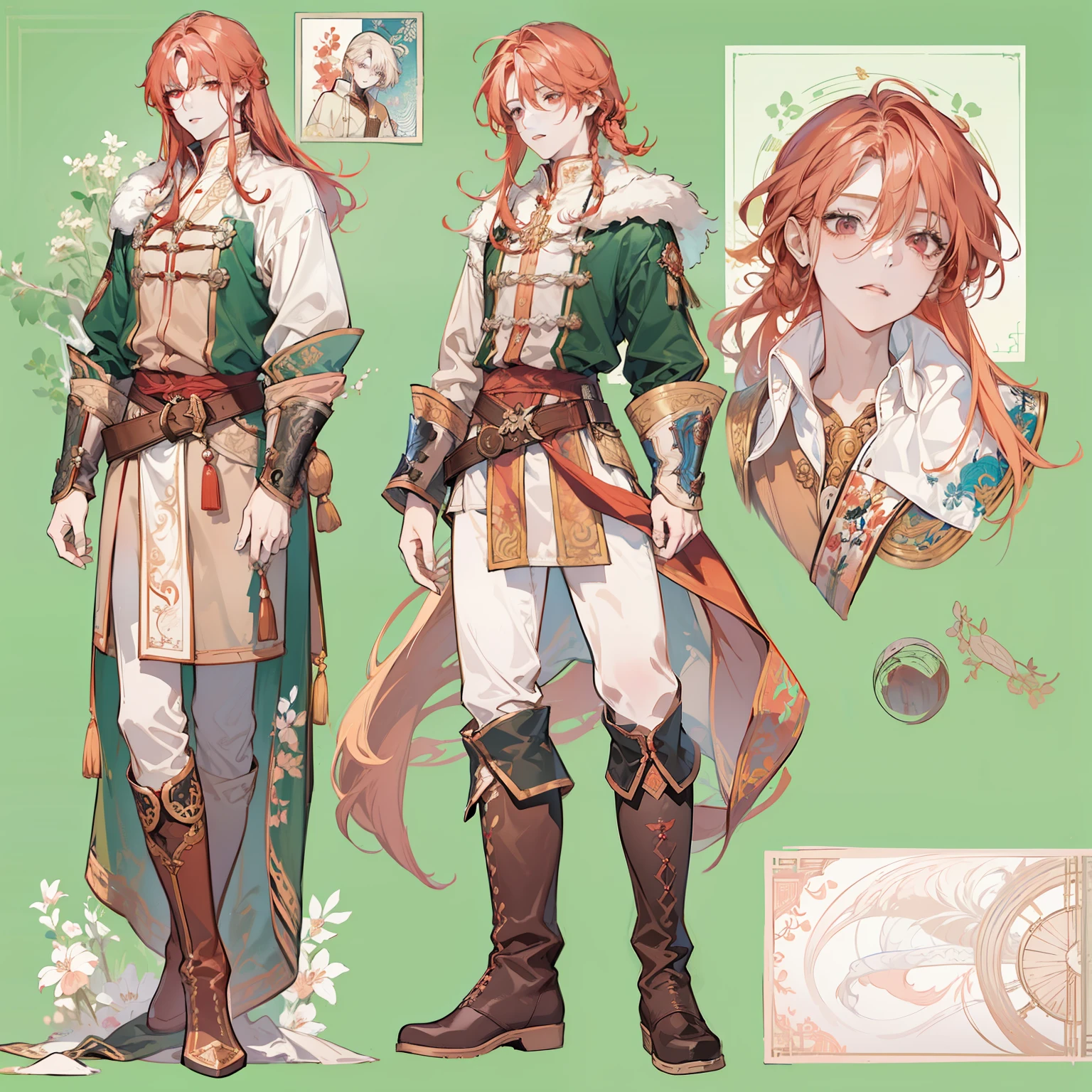 1 boy, solo, peach hair, light red-haired guy, straight hair, flowing straight hair, red eyes, shirt, high boots, Lightweight clothing, Scandinavia theme, Scandinavian clothes, looking at viewer, fantasy art, beautiful painting, guwaika style, epic exquisite character art, stunning characters, man, lean (reference sheet:1.5)