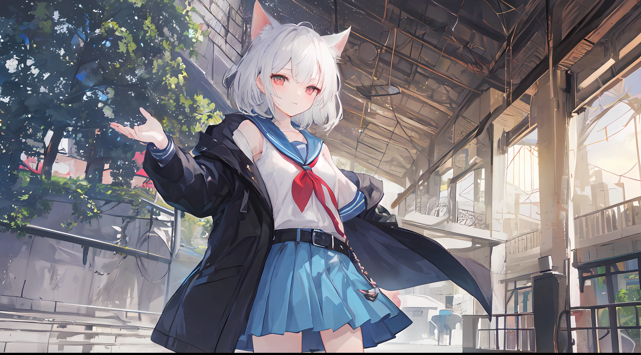 Heterochromic pupils,solo person,Ark of Tomorrow,one-girl,off-shoulder sweater, backless outfit,Starry sky,clusters of stars,Ray tracing,{Best quality}, {{Masterpiece}}, {A high resolution}, Original, Extremely detailed 8k wallpaper, {An extremely delicate and beautiful},,incredibly_absurderes,Colorful,intricately details,art book,,incredibly_absurderes,Ray tracing,Perspective,Wide shot,Overall view,,A high resolution,Game CG,short_Hair,cat_hor ears,White_Hair/White_Eyes,Detail fingers,Hands in hair,pigeon-toed,Pout,Blush,Eyes visible through hair,off-shoulder sweater,White_wind coat,Superskirt,White pantyhose,White cat ears,(((long white hair))),White tail,reaching out her hands,W cut sitting position,(((a black trench coat))),(((Blue sailor collar))),Blue pupil,Black hairpin,Post-industrial buildings,4K,Master picture quality,Texture,Ark of tomorrow style,On the ground lay the West Sword,eventide,Blood-red sunlight,Black backpack,((((Short blue skirt)))),((((White tights)))),black sneaker shoes,full bodyesbian,long and flowing hair,Smiling,Squint,The ultimate in facial depiction,The ultimate body depiction,The ultimate hair depiction ,There are lanterns on the ground,is shy,in a panoramic view,The ultimate scenario description,Pout,Beautiful_face,Beautiful detailed eyes,One eye is white,One eye closed ,Earphone,Beautiful detailed sky,reflective light,Ray tracing,Sunlight,(Maid dress),Sailor dress,Sleeves,beautiful detailed water,Beautiful detailed sky,god light,depth of fields,Normal body,Normal posture,Front view,Absolutely good light and shadow,Detailed sky,baiyun,the sunset,(((城市,starlights,rios,darkly))).{Best quality}, {{Masterpiece}}, {A high resolution}, Original, Extremely detailed 8k wallpaper, {An extremely delicate and beautiful},,Ray ,{Best quality}, {{Masterpiece}}, {A high resolution}, Original, Extremely detailed 8k wallpaper, {An extremely delicate and beautiful},,incredibly_absurderes,Colorful,intricately details,art book,,Overall view,,Depth o