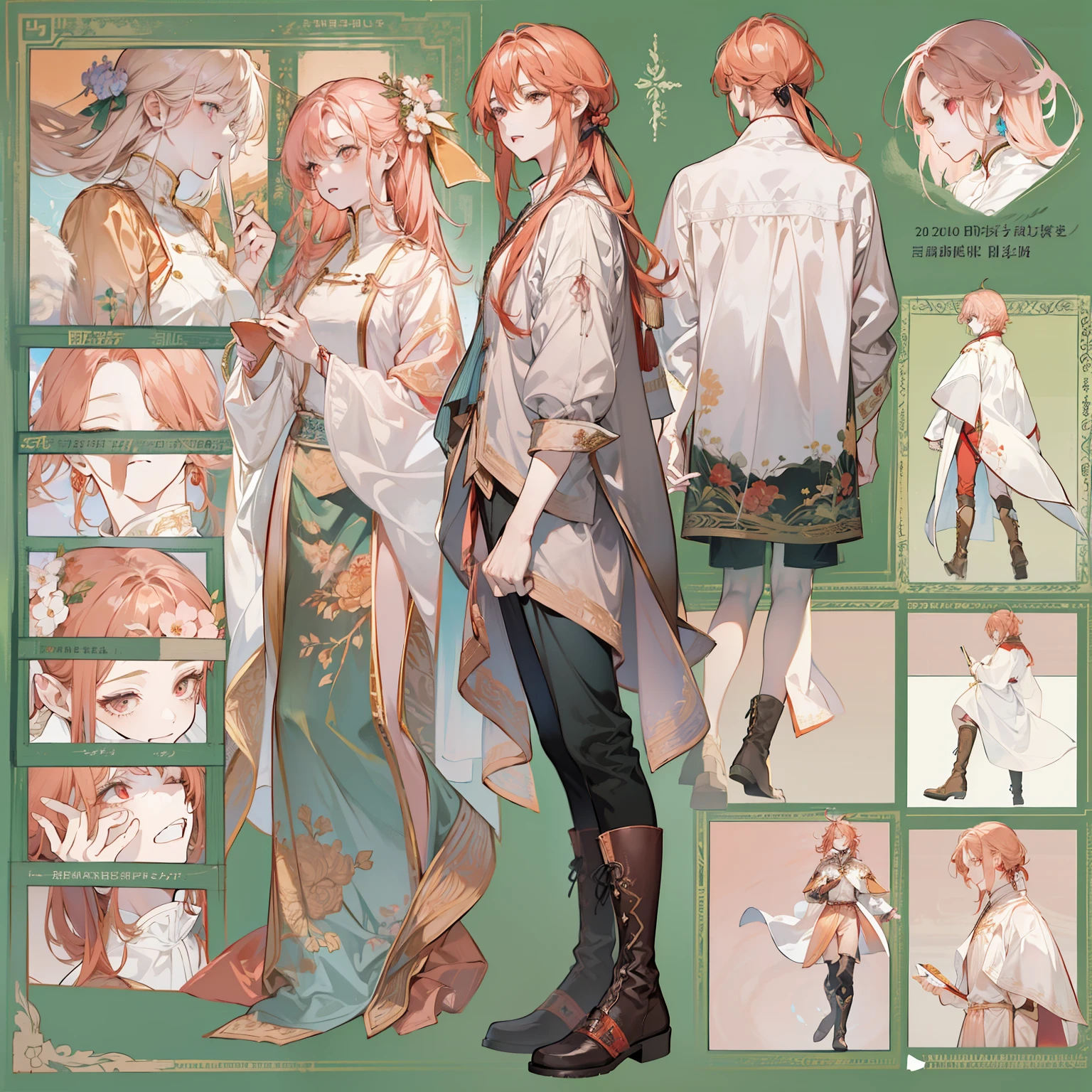 1 boy, solo, peach hair, light red-haired guy, straight hair, flowing straight hair, red eyes, shirt, high boots, Lightweight clothing, Scandinavia theme, Scandinavian clothes, looking at viewer, fantasy art, beautiful painting, guwaika style, epic exquisite character art, stunning characters, man, lean (reference sheet:1.5)