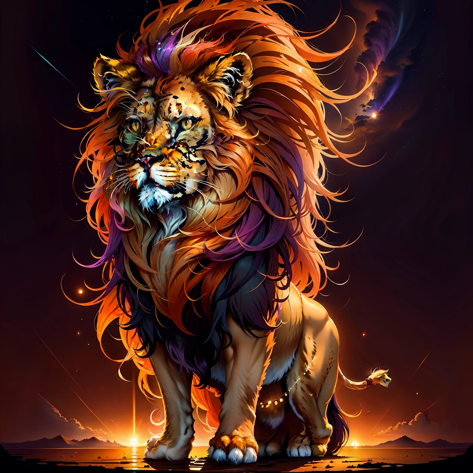 A majestic and majestic lion, His golden mane floating in the wind with overcast sky with beam of light illuminated the lion. From a distance, The setting sun paints the sky in shades of fiery orange and deep purple, casting a warm and welcoming glow on the African landscape.