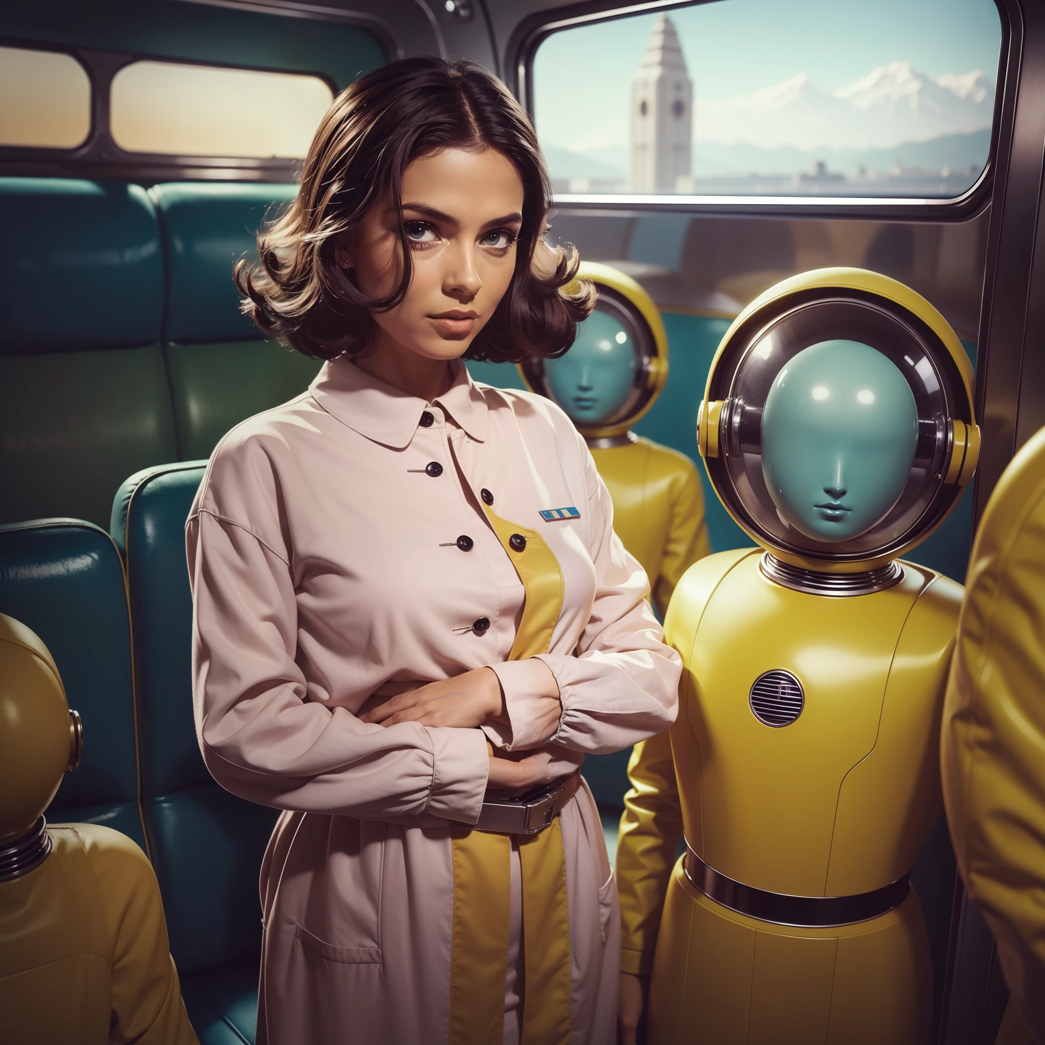 4k image from a 1960s science fiction film by franck gerard, Filme O Grande Hotel Budapeste de Wes Anderson, pastels colors, Young people wearing retrofuturistic alien masks and holding colorful suitcases and chests on the bus, Retro-futuristic fashion clothes from the 60s with old robots, Luz Natural, Psicodelia, futurista estranho, retro-futurista, photo-realistic, Sharp background details.