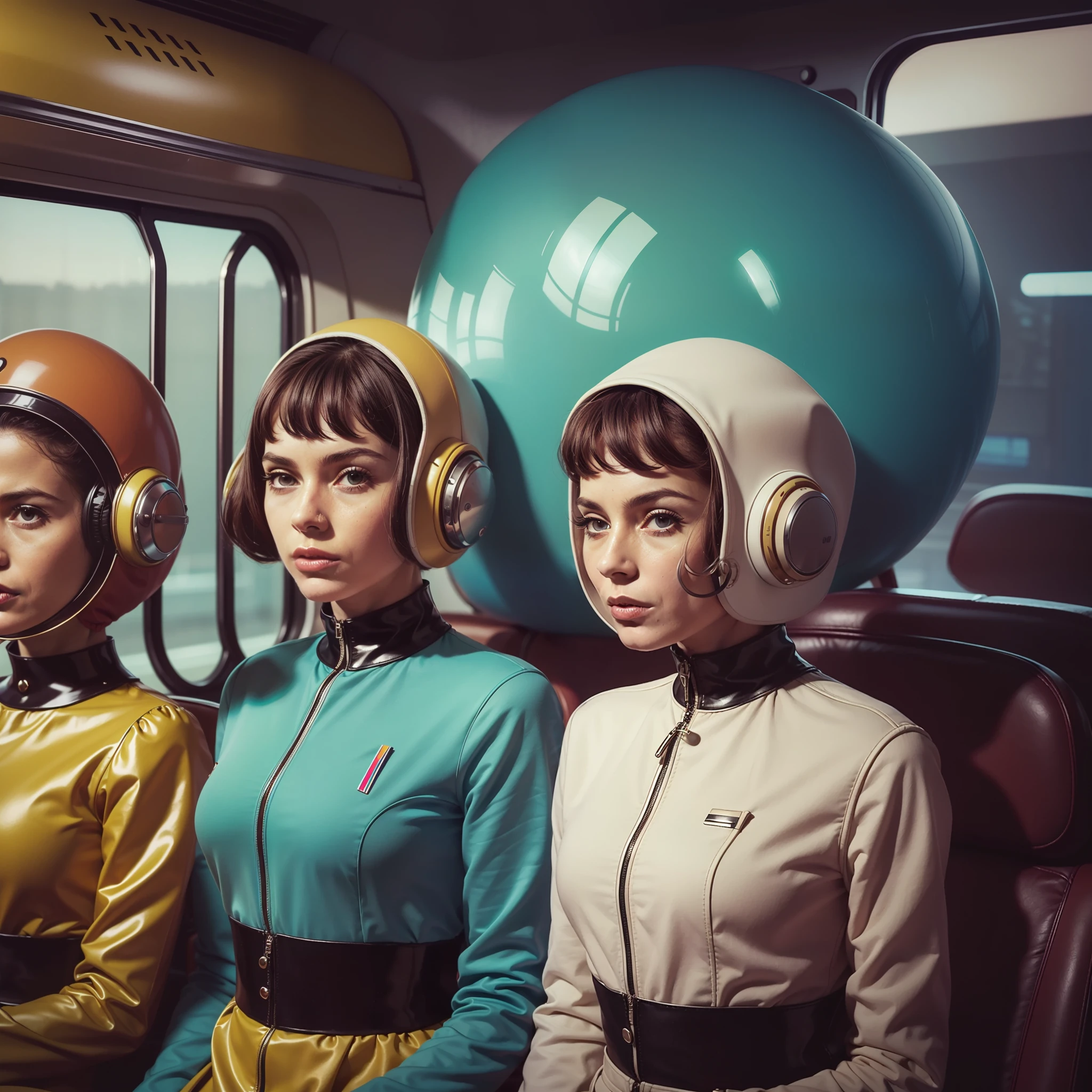 4k image from a 1960s science fiction film by franck gerard, Filme O Grande Hotel Budapeste de Wes Anderson, pastels colors, Young people wearing retrofuturistic alien masks and holding colorful suitcases and chests on the bus, Retro-futuristic fashion clothes from the 60s with old robots, Luz Natural, Psicodelia, futurista estranho, retro-futurista, photo-realistic, Sharp background details.