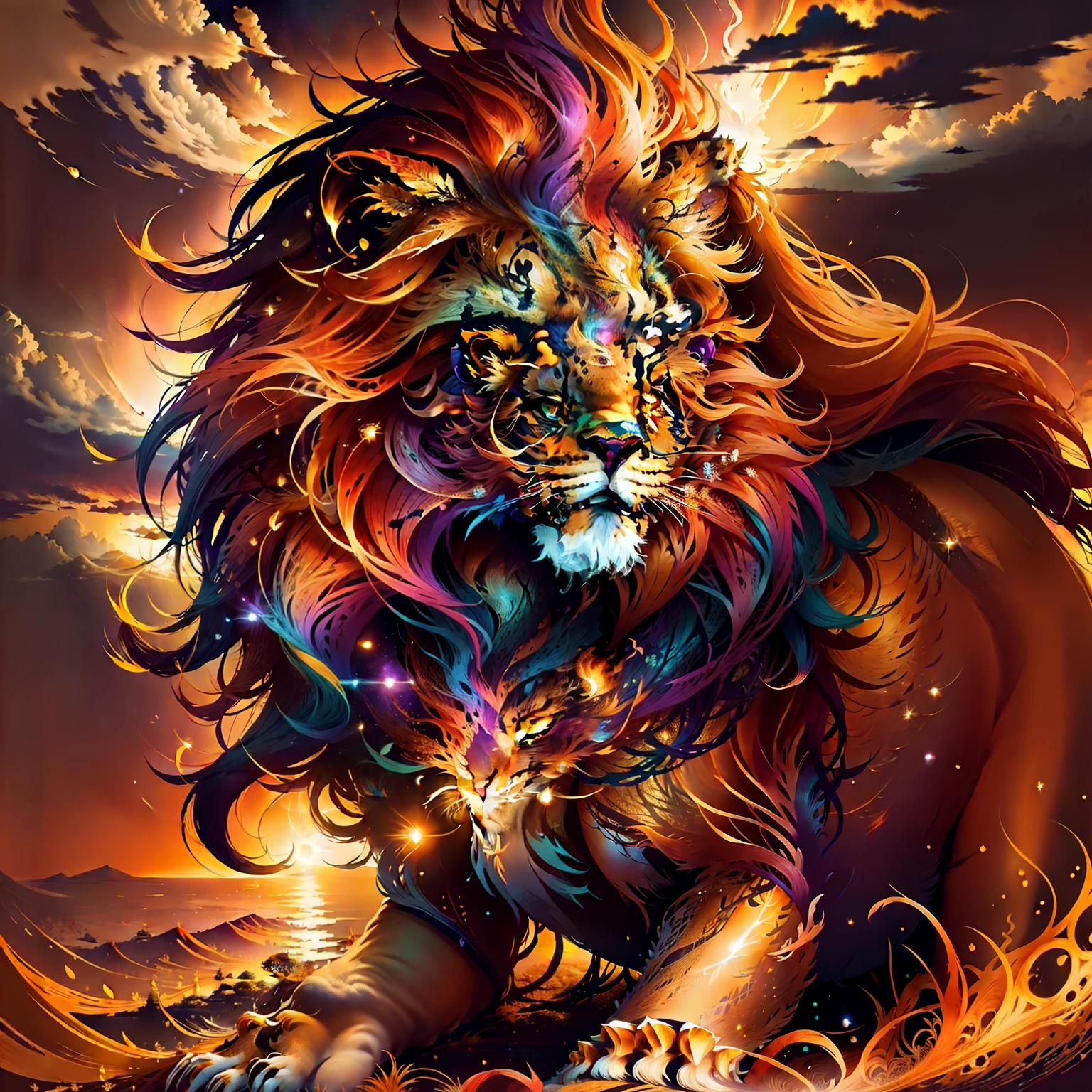 A majestic and majestic lion, His golden mane floating in the wind with overcast sky with beam of light illuminated the lion. From a distance, The setting sun paints the sky in shades of fiery orange and deep purple, casting a warm and welcoming glow on the African landscape.