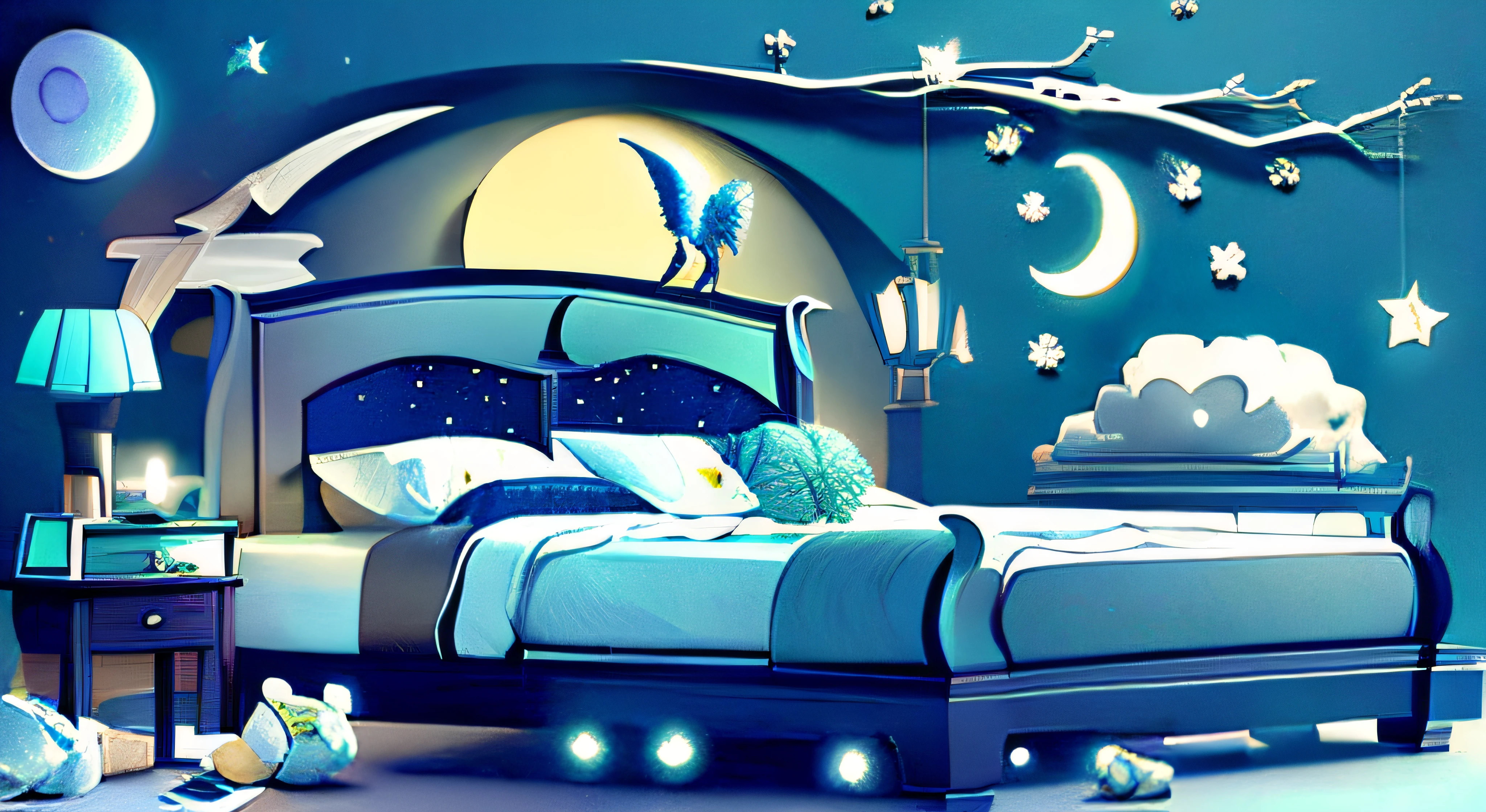 (((Masterpiece))),[Paper_cut] ,Night,Moon,stars,Bed