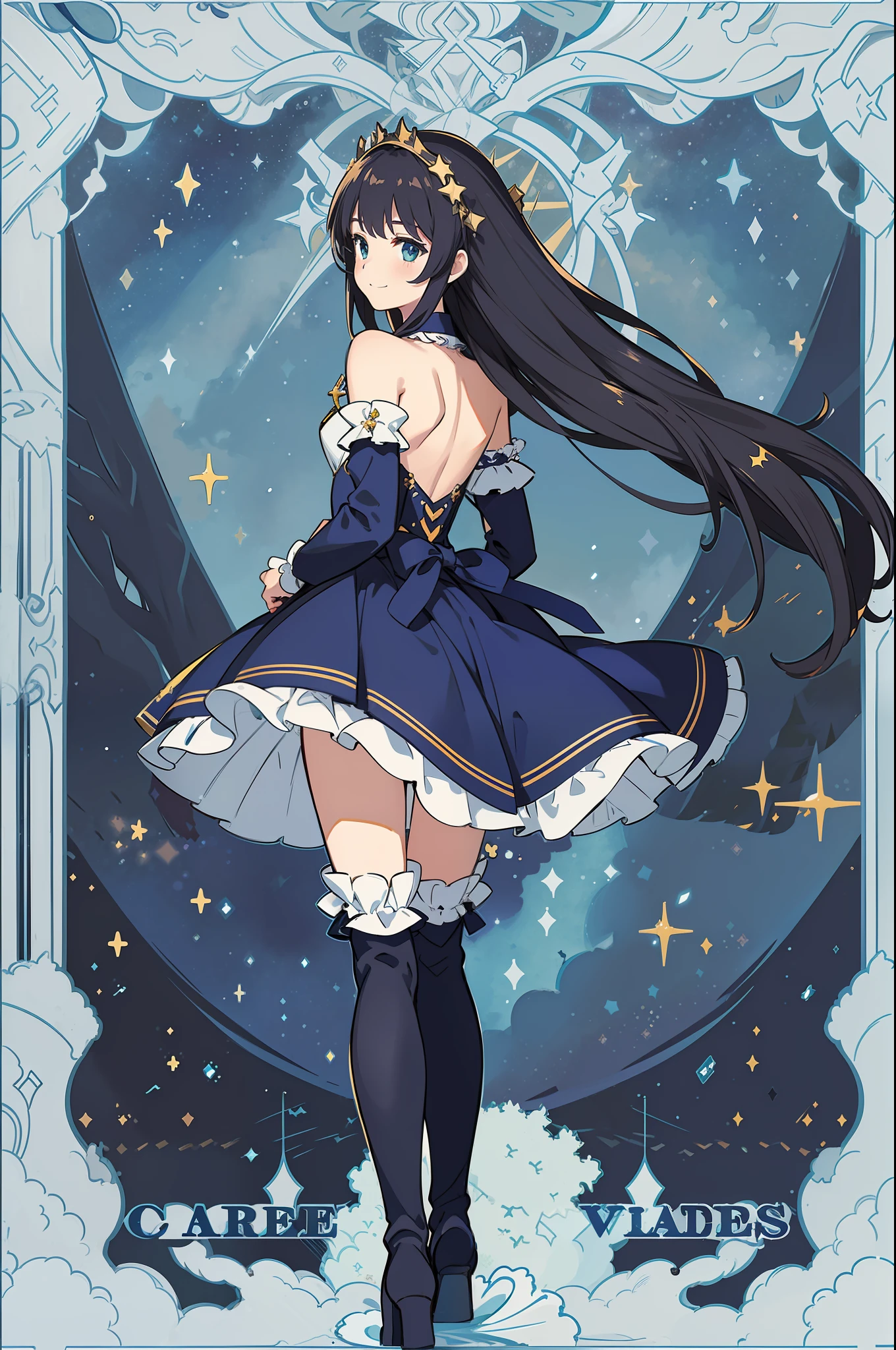 ((masterpiece,best quality)),(1girl, solo,very long hair,full body, night, starry sky, ), a girl in a frilled dress and thigh high boots walking down a road in the countryside with trees on both sides,((arms behind back)),smile,