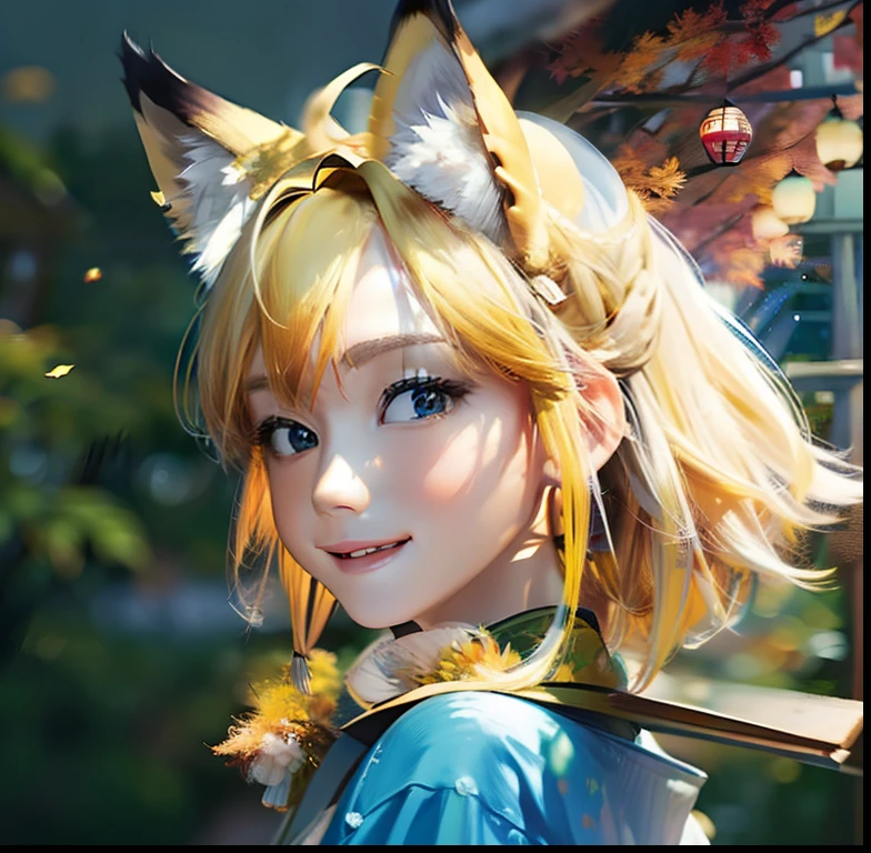 Masterpiece, (1 female: 1.8), autumn twilight, fox personification, yellow skin, silver hair, yellow only at the tips, yellow kimono, lots of autumn leaves, torii, teeth, ghibli, cleavage,