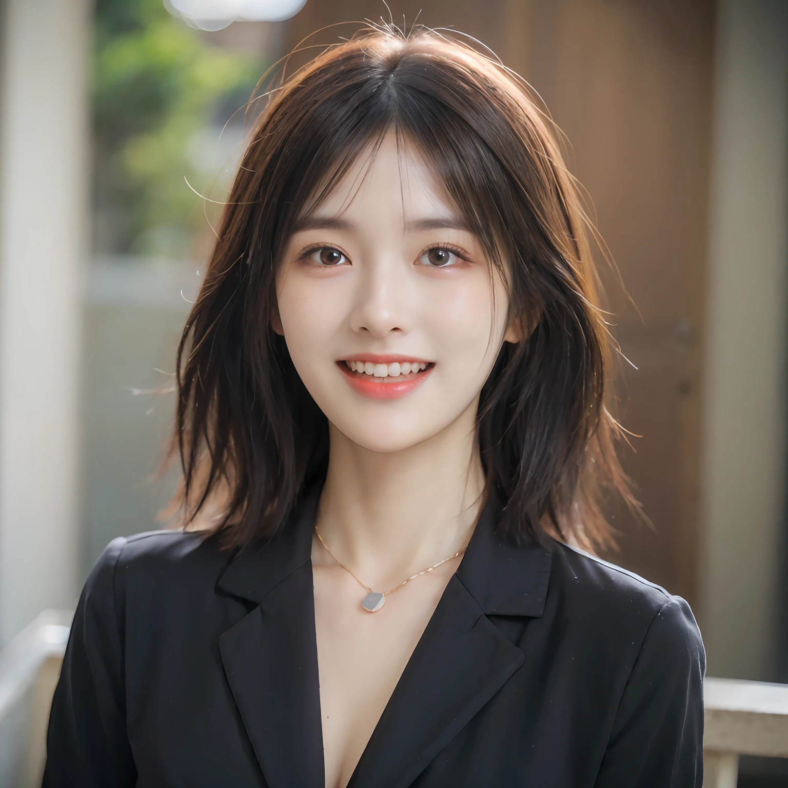 Dressed, (photographrealistic:1.4), (Hyper realistic:1.4), (Realistic:1.3), (Smoother lighting:1.05), (increase cinematic lighting quality:0.9), 32K, 1girl in,25-years old, Realistic lighting, Backlighting, Light on Face, raytrace, (Brightening light:1.2), (Increase quality:1.4), (Top quality real texture skins:1.4), finely detailed eyes, finerly detailed face, (tired and sleepy and joy:0), (Laugh:1.4), Black Suit,a necklace, (Increase body line mood:1.1), (Increase the beauty of skin texture:1.1)
