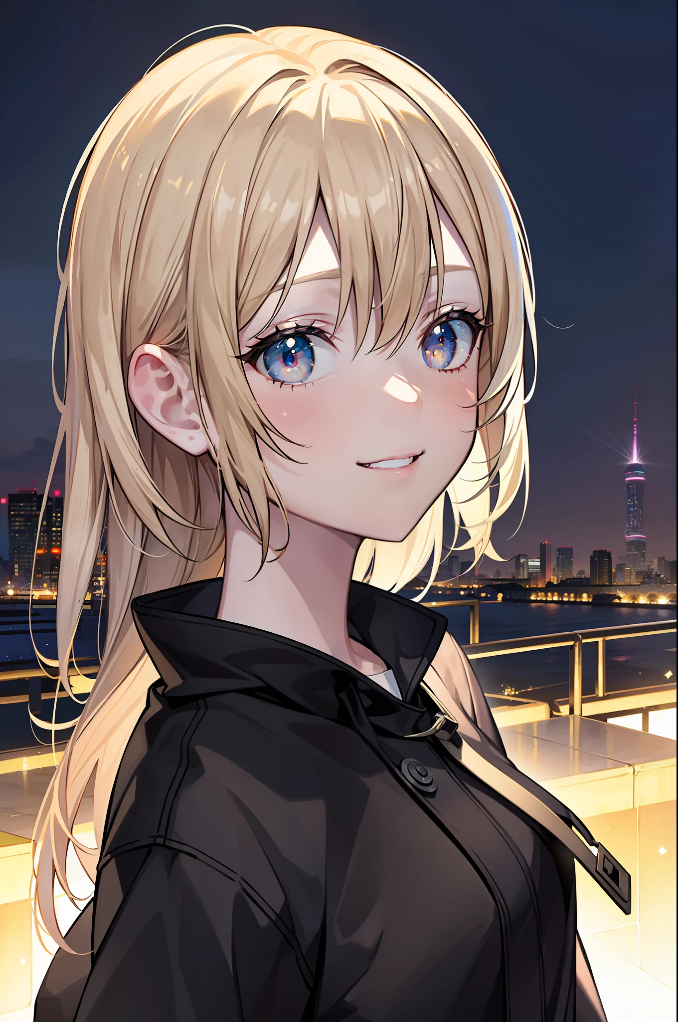 masterpiece, best quality, half body, portrait, night city, 1girl, anime, 3D, Japan, pixar, realistic, girl, smiling, cute face, harajuku fashion style, rain coat, beautiful, colourful, neon lights, cyberpunk, smooth skin, illustration, artstation, painting by stanley artgerm lau, sideways glance, foreshortening, extremely detailed 8K, smooth, high resolution, ultra quality, highly detail eyes, highly detail mouth, highly detailed face, perfect eyes, both eyes are the same, true light, glare, Iridescent, Global illumination, real hair movement, real light, real shadow, real face, hd, 2k, 4k, 8k, 16k, realistic light, realistic shadow, bright Eyes, fluorescent eyes, soft light, dream light
