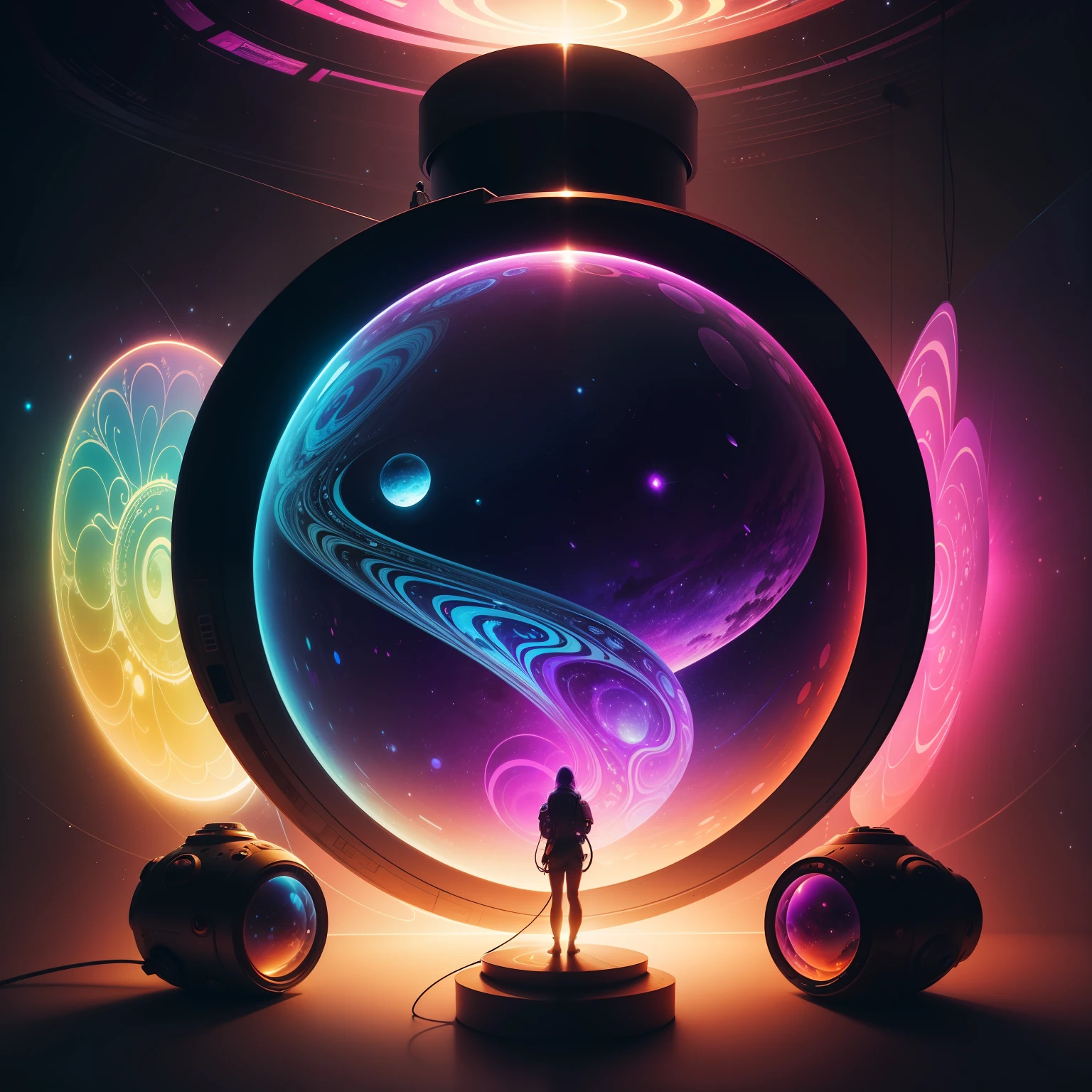looking at a scene in a large bubble, in the style of psychedelic fusion, realistic usage of light and color, elaborate spacecrafts, i can't believe how beautiful this is, psychedelic tableaux, cryptic psychedelia, infinity nets