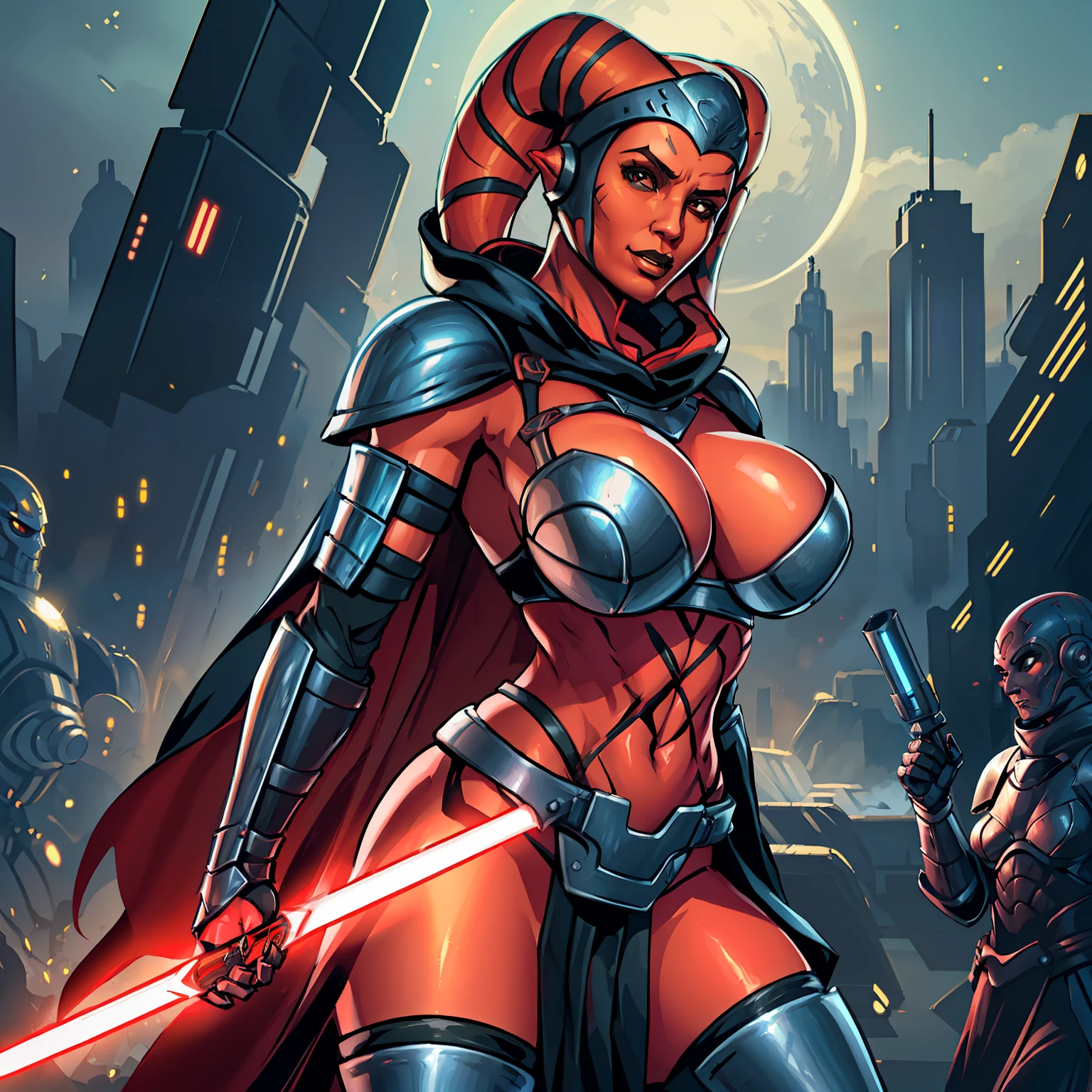 action scene, fighting, masterpiece, best quality, high-definition, armor, busty, ((red skin), twi'lek), dual red lightsabers, evil space knight, space ninja, (wearing black robes, black stealth armor, breastplate, tunic, tabard, cowl, cloak, body glove, straps, buckles, skirts, long sleeves, fantasy, ((armor))), ((busty), slender body, thin, slim  body, slim waist, ((()))), Imperial starship, Star Wars,