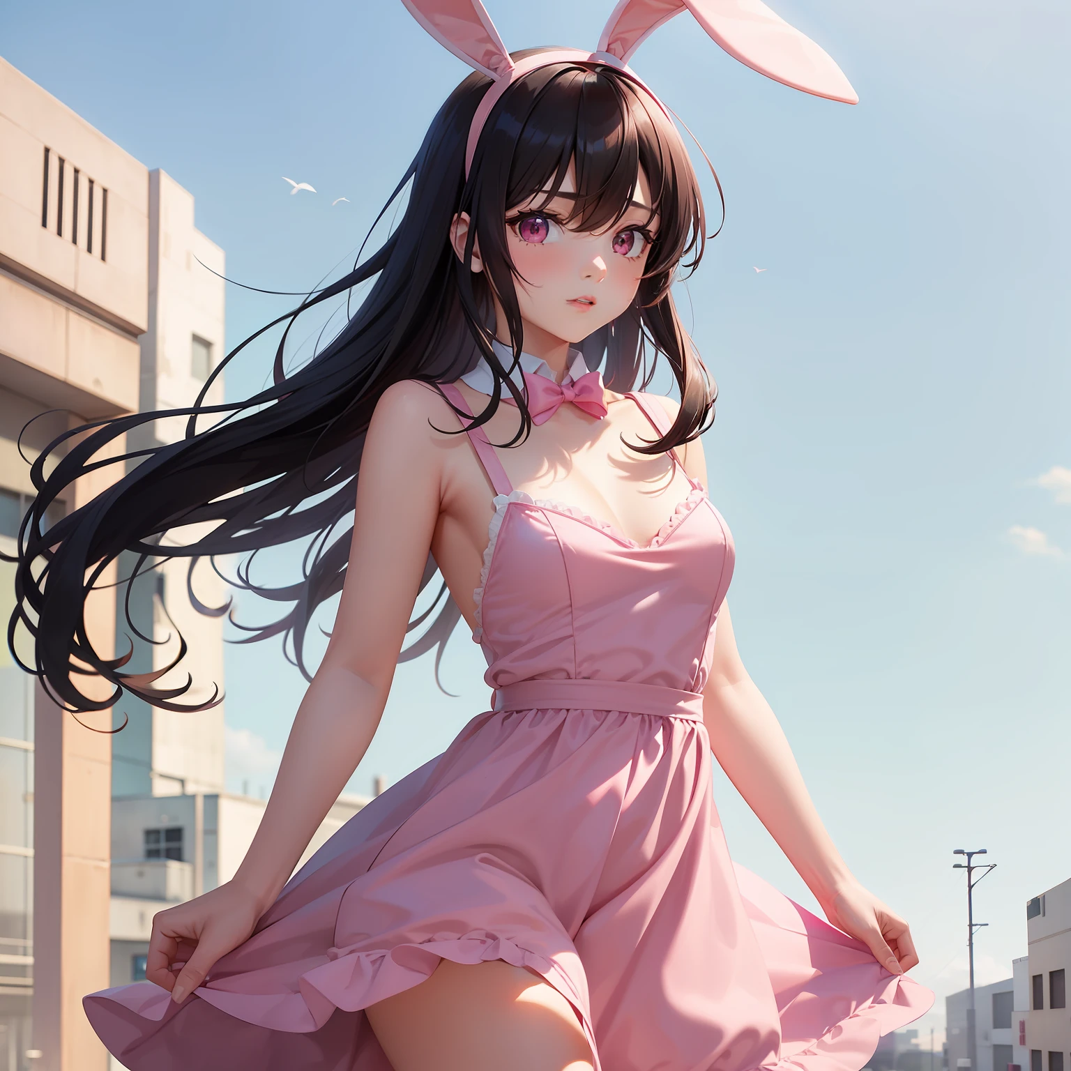 a women, pink bunny ears, black hair, pink eyes, pink dress