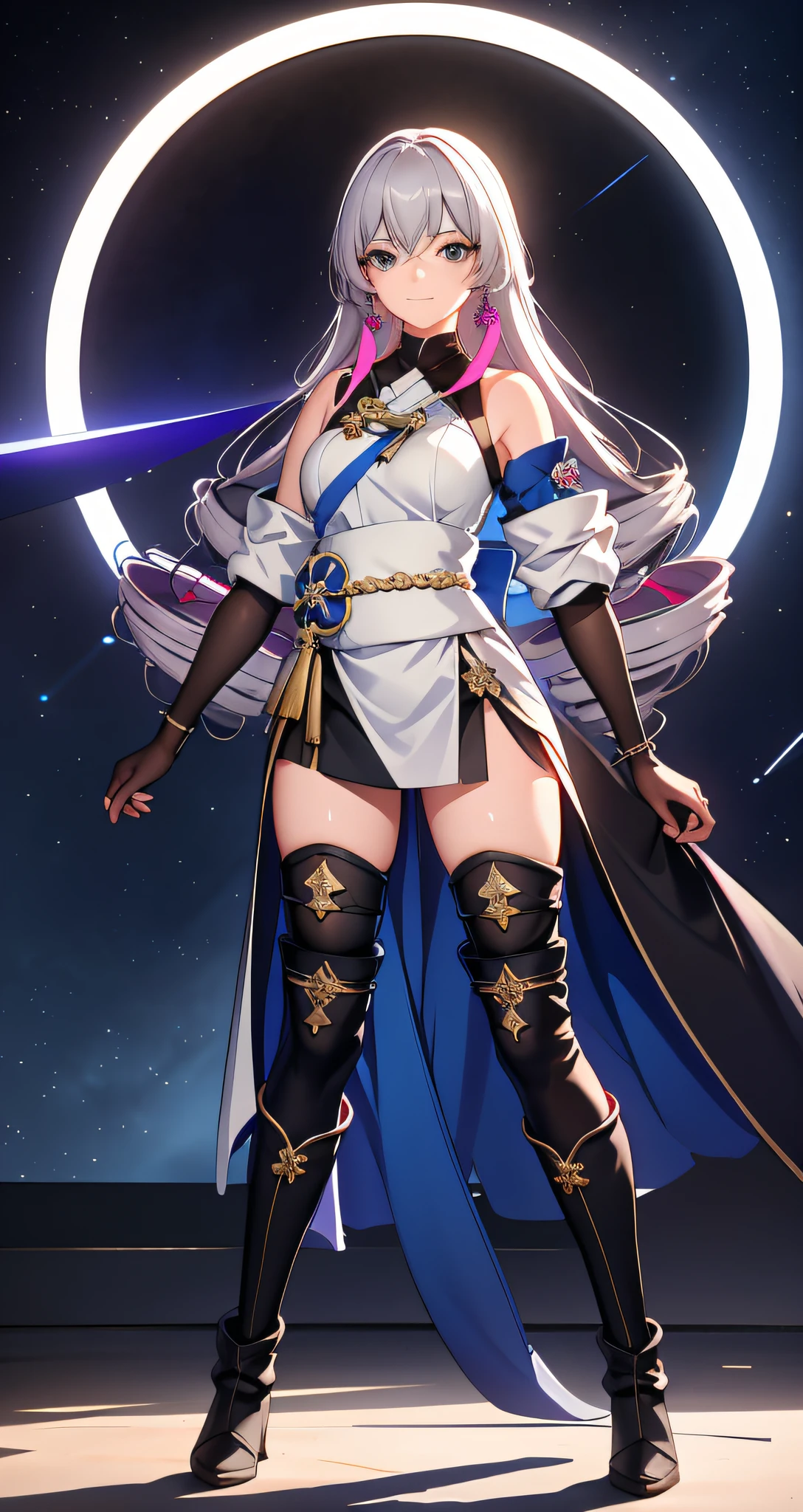 ph bronya, 1girll, Solo, trinkets, 耳Nipple Ring, long whitr hair, Pink hair, By bangs, drill bit, cropped shoulders, Gray eye, Long boots, Stockings, Hair between the eyes,, gloves on the elbow, 无袖, Black gloves, Double diamond,obi strip，Leggings，White dress，nedium breasts，Medium chest，Black shoes，longer sleeves，（tmasterpiece：1.2，Need），（Delicate and beautiful eyes：1.2），（The background is meticulous，Dark fantasy），（beautiful  detailed face），hight contrast，（The best lighting，Extremely refined and beautiful），（（cinematric light）），plethora of colors，Hyper-detailing，Dramaticlight，Complicated details，（Sharp facial hair between the eyes，dynamic angle），Black light swirling around the character，depth of fields，Black light particles，（brokenglass），Magic Array，