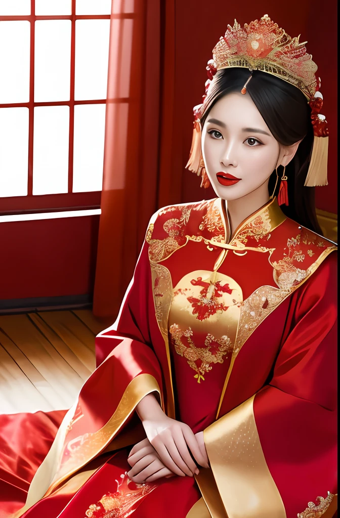 (best quality:1.1) ,(photorealistic:1.1), (photography:1.1), (highly detailed:1.1), a woman in a red and gold dress with a tiara on her head, hair stick,(sitting on red bed),blush,shy,black_hair, crown,looking down, (2 red candles), chinese_clothes, curtains, earrings, hair_ornament, hanfu, indoors, jewelry, long_sleeves, red dress, red lips, tassel, (Red quilt),(red palace:1.2),