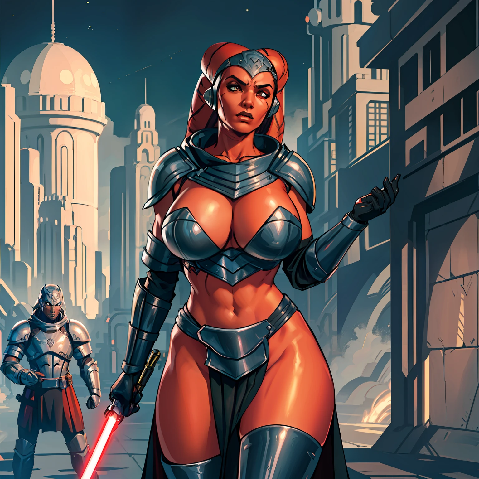 action scene, fighting, masterpiece, best quality, high-definition, armor, busty, ((red skin), twi'lek), dual red lightsabers, evil space knight, space ninja, (wearing black robes, black stealth armor, breastplate, tunic, tabard, cowl, cloak, body glove, straps, buckles, skirts, long sleeves, fantasy, ((armor))), ((busty), slender body, thin, slim sexy body, slim waist, (((huge breasts)))), Imperial starship, Star Wars,